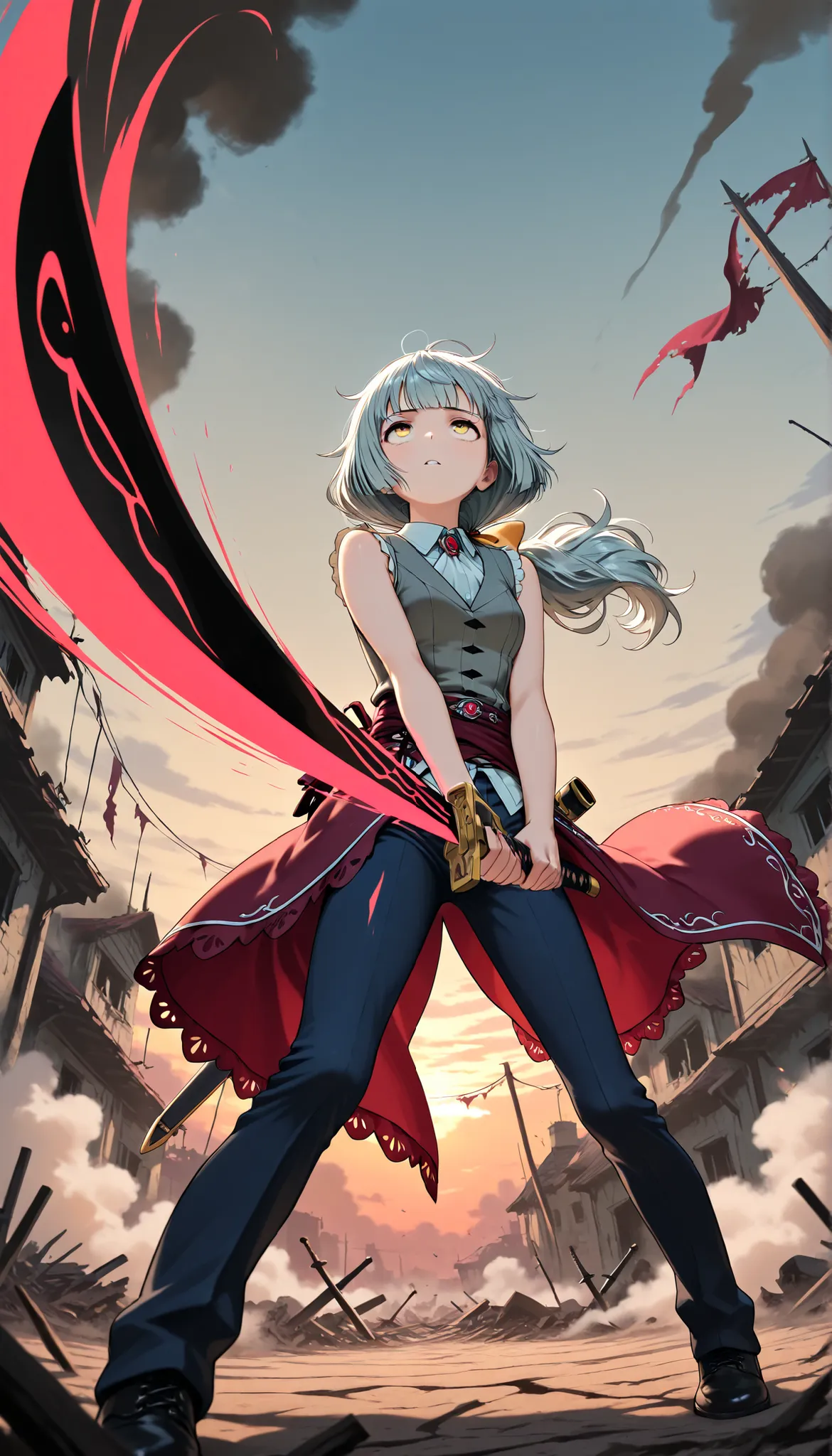 (Masterpiece, best quality), intricate details, JK, highly detailed, intricate details, solo, messy hair, yellow eyes, , looking up, long hair, gray hair, low ponytail, light skin, yellow eyes, gray sleeveless vest with white frill trim,thin, light gray ...