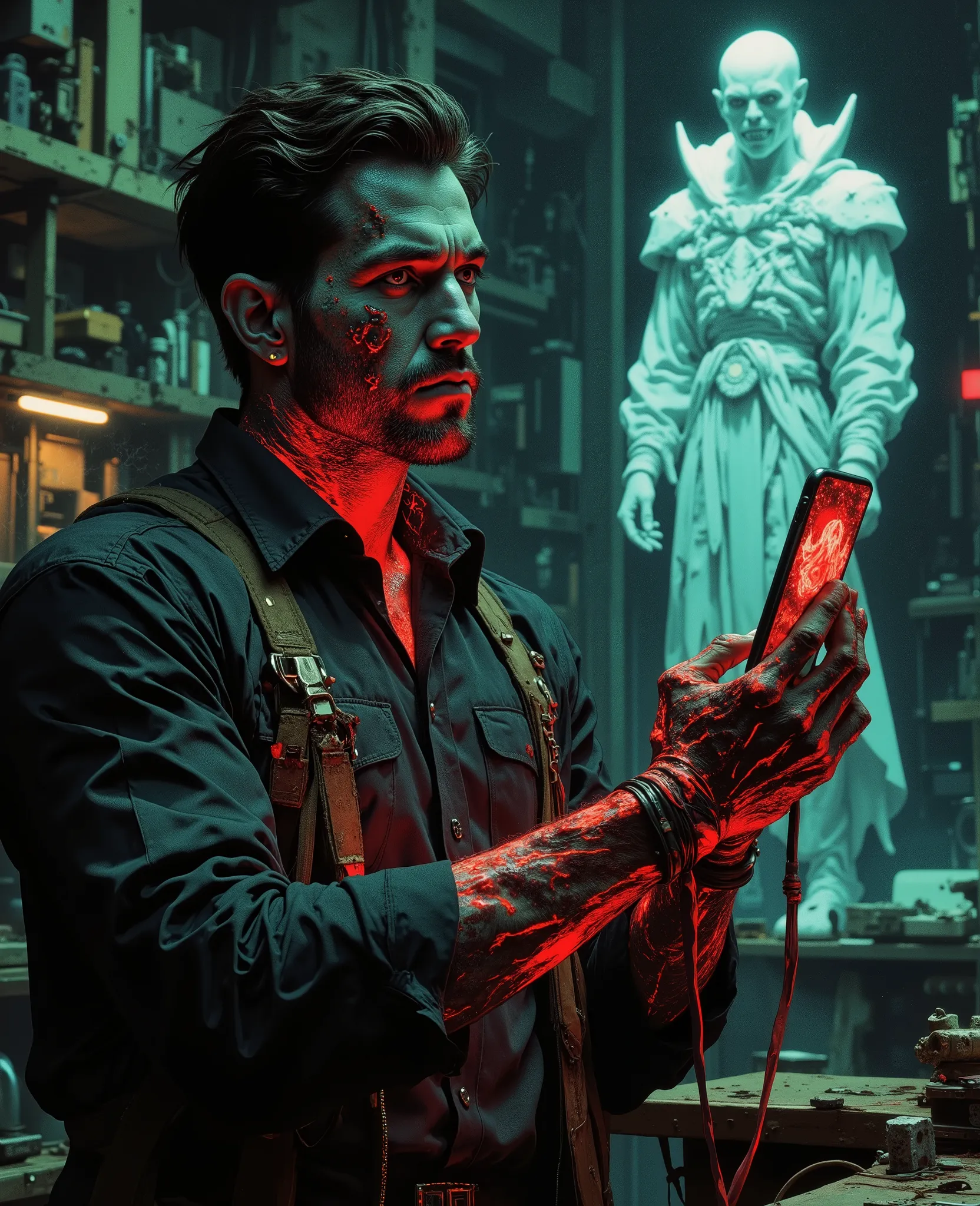 A man with a Mobilephone is poitreating.
Low power in Battery Apocalypse and mobile screen breaks and it becomes Vampire of white shadowed figure
His phone screen wallpaper showing a notification in big fond "going to dies at 5% despite being "plugged...