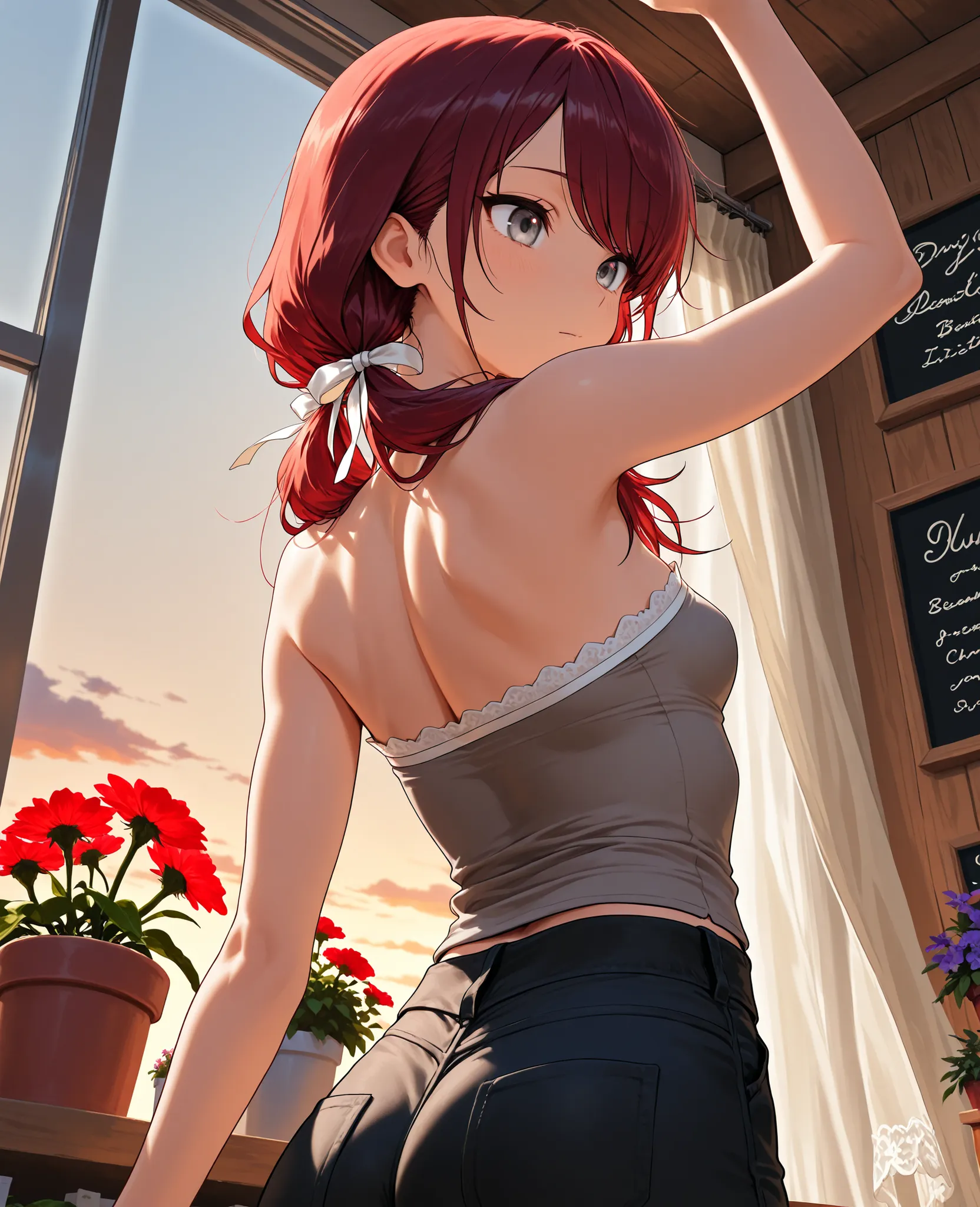 (masterpiece:1.2, Best Quality), (finely detailed beautiful eye: 1.2), (beautiful detailed face), 1girl, solo, back view, from below, reaching up to set potted flowers on shelf, long low twin tails, gray eyes, dark red hair, long swept bangs, thin, close ...