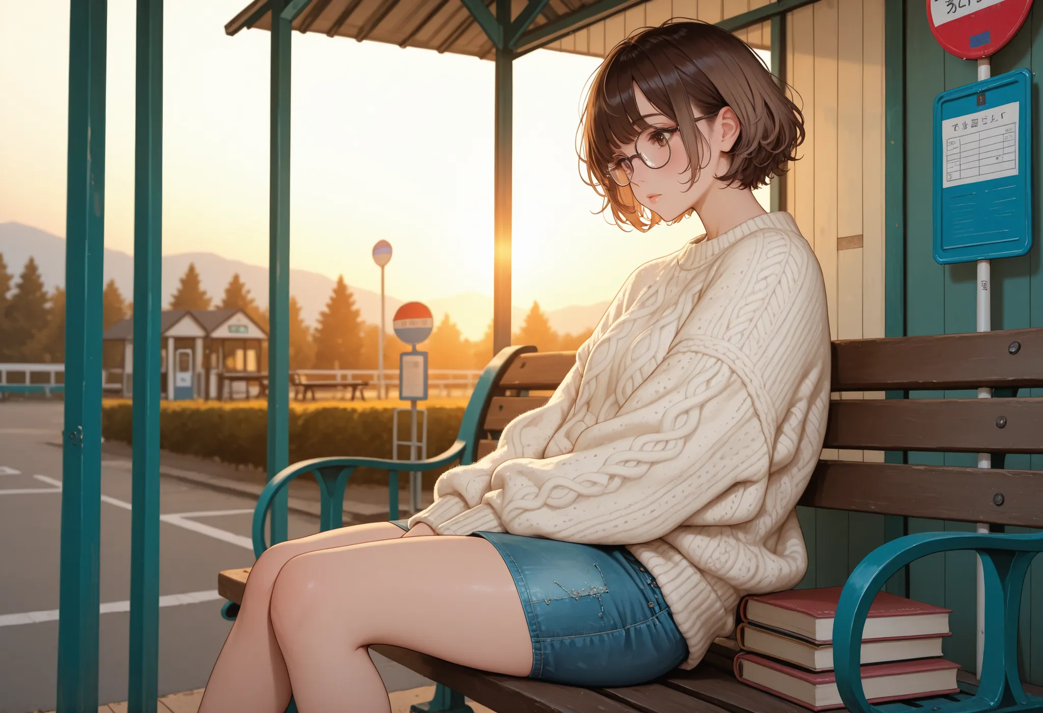 By a street, bench, bus stop sign, morning, a cute nerdy girl, wearing a big sweater, thick-rimmed glasses, messy brown short hair, denim skirt, highly detailed, masterpiece, vibrant colors, warm lighting, wool sweater with delicate stitching, natural hair...