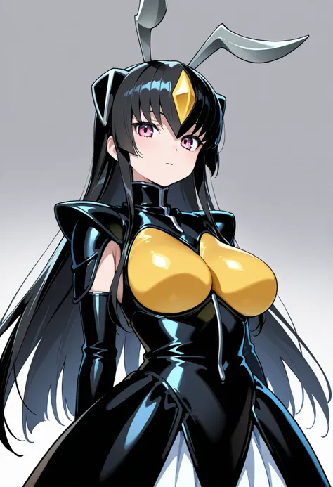 Zetton Kaiju Girl. Black hair. Long hair. Yellow crystal hair accessory. Grey antennae. Glossy. Black costume. Firm breasts. Yellow bust.