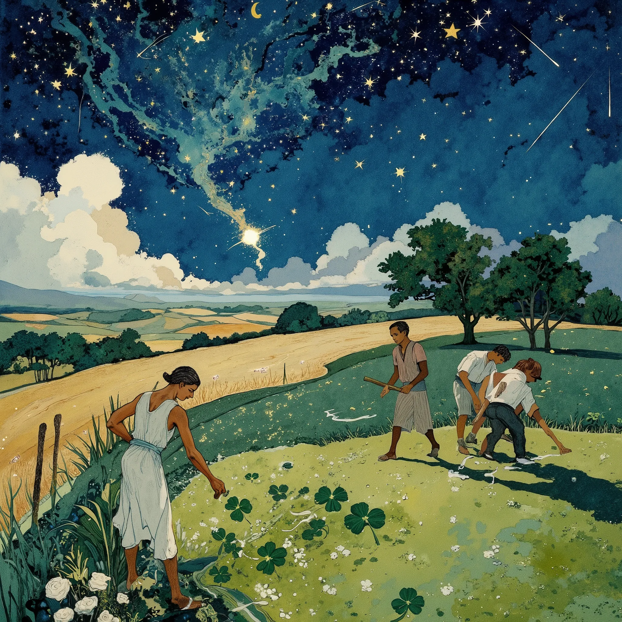 in a bucolic landscape, Under an intense meteor shower, humble people are desperately searching for a four-leaf clover, in a painting by Monet