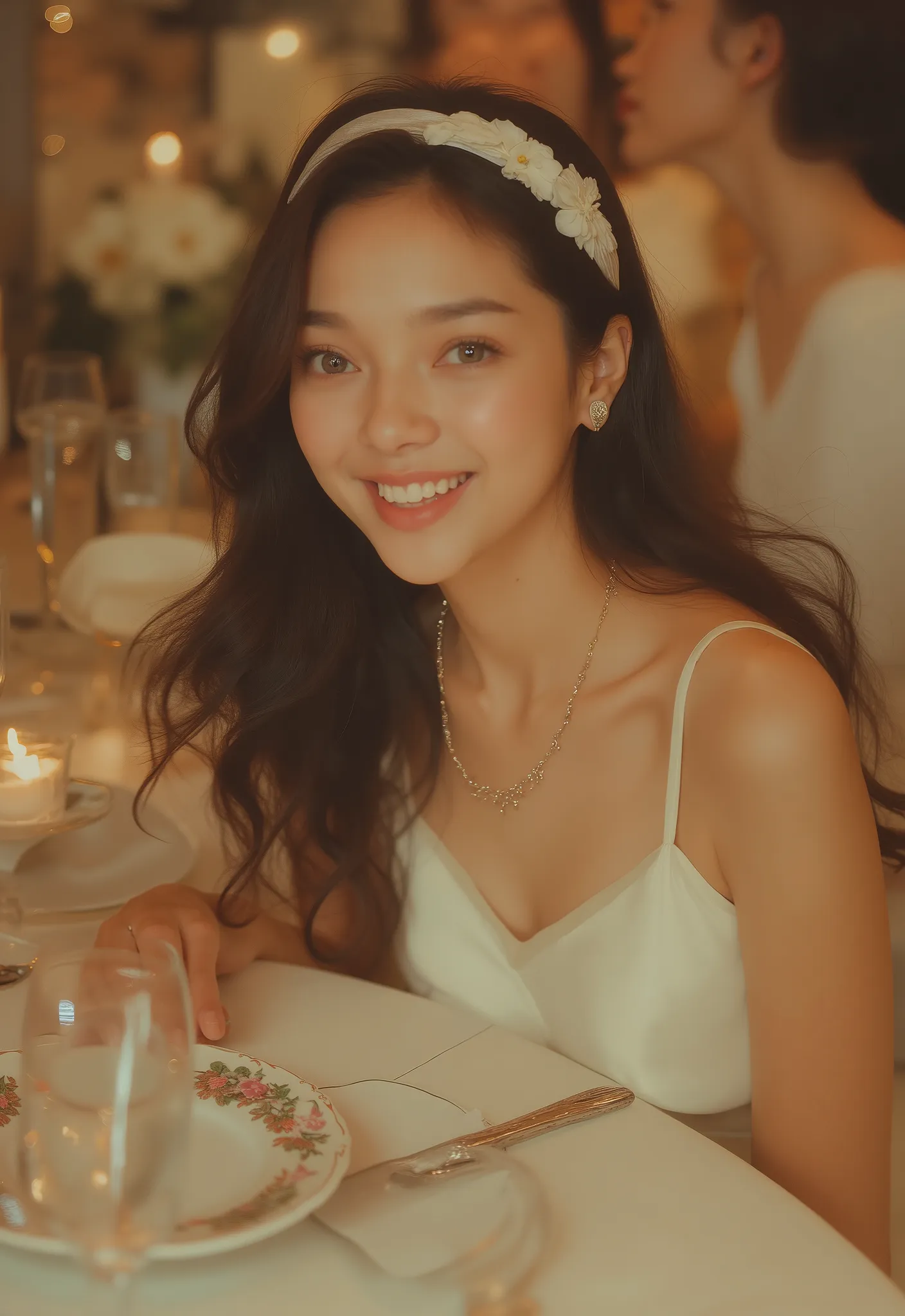 Realistic shot of a body portrait of a 34-year-old young korean flower woman with long hair, Satin-Hairband, Flower in hair, nice cleavage , Necklace, smile. She playfully bends in front of the camera in a shiny , Metallic white satin A-li...
