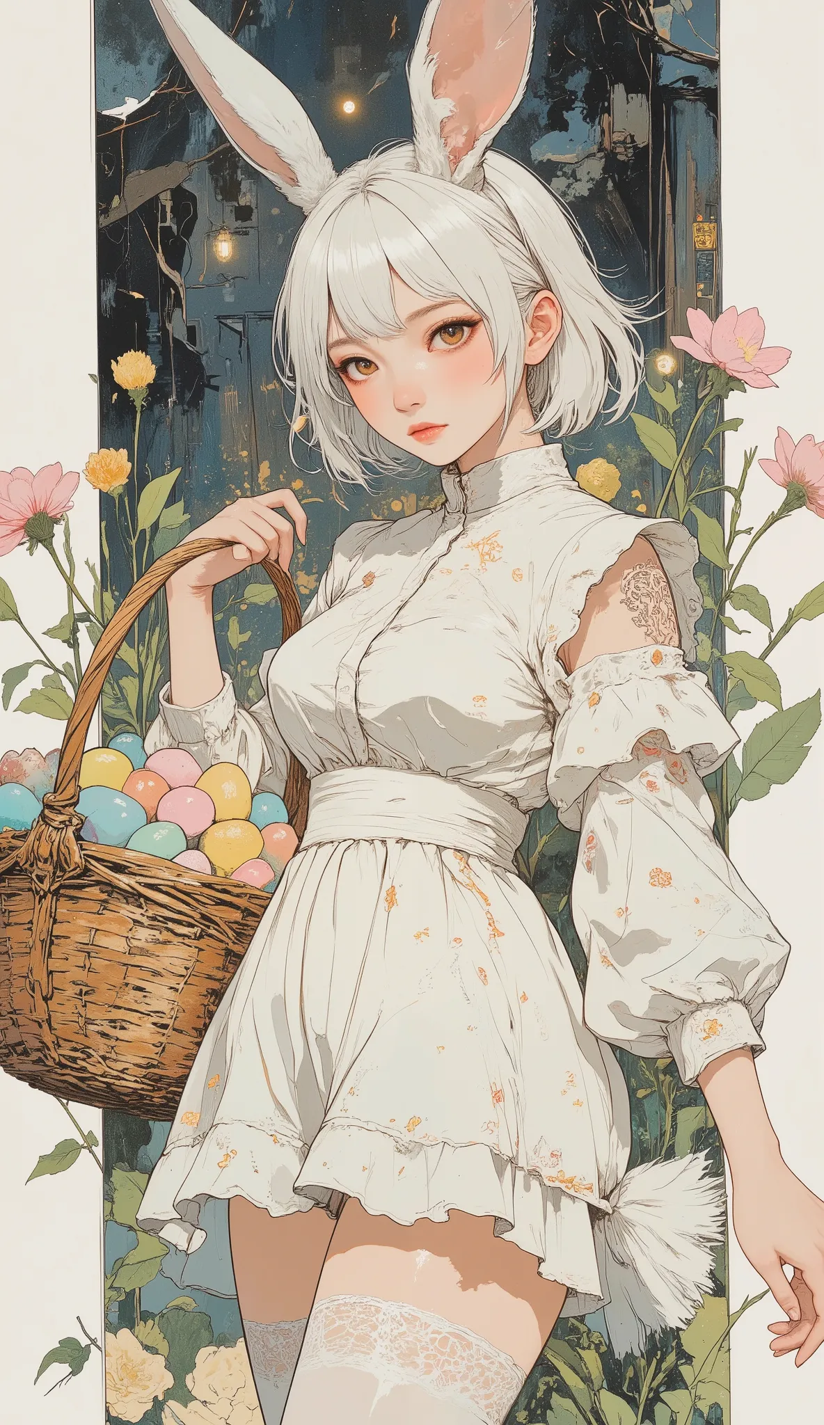 "(best quality, high resolution, masterpiece:1.4)、8k、((Handwriting、Watercolor Pencil Drawing  )) photorealistic、excellent artistic performance, photorealistic、excellent artistic performance. anime style, 1 girl, full body shot,
(Easter bunny girl, white ra...
