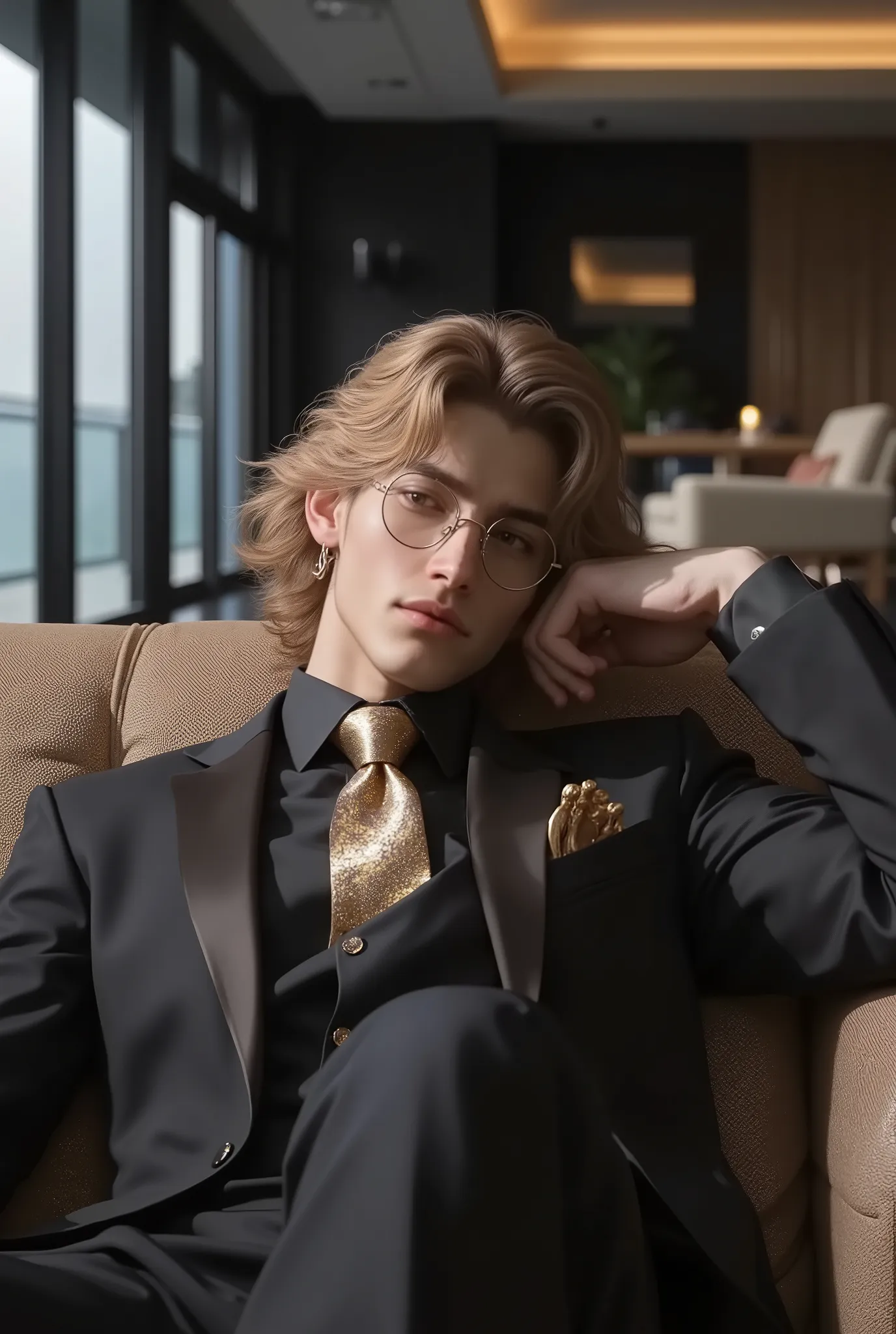 Blonde hair. man. Good looking handsome sitting on the sofa of a modern luxury room.