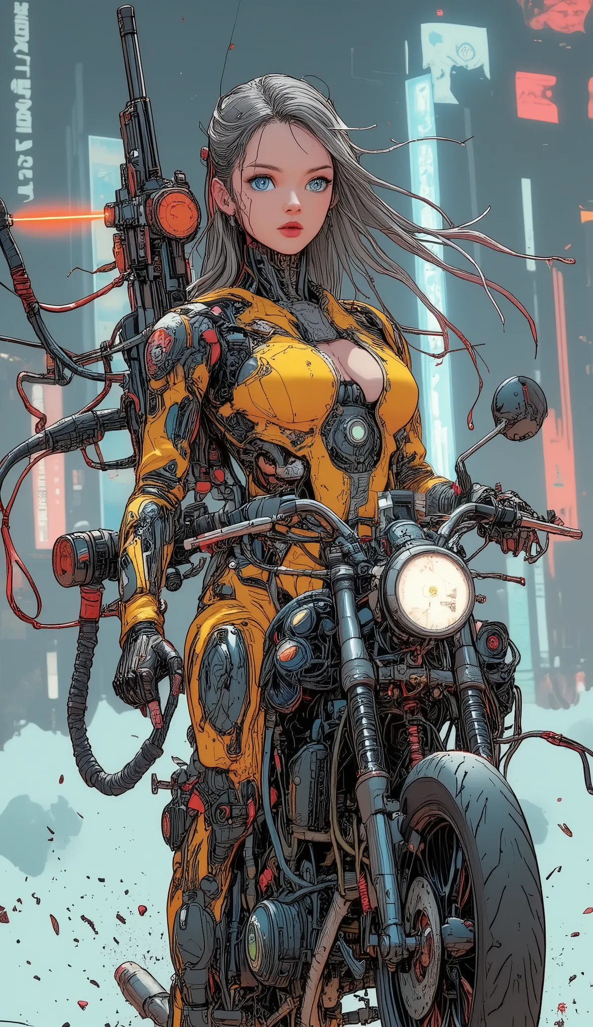high quality DVD,4K,Fine Futuristic Mechanisms ((Exoskeleton Female)) ,Wearing Yellow Mechanical Exoskeleton Jacket, ((skidding)) on a ((futuristic flying motorcycle)), carries a (("minigun M134" laser machine gun on her back)), Geometry and Eye Pattern,((...