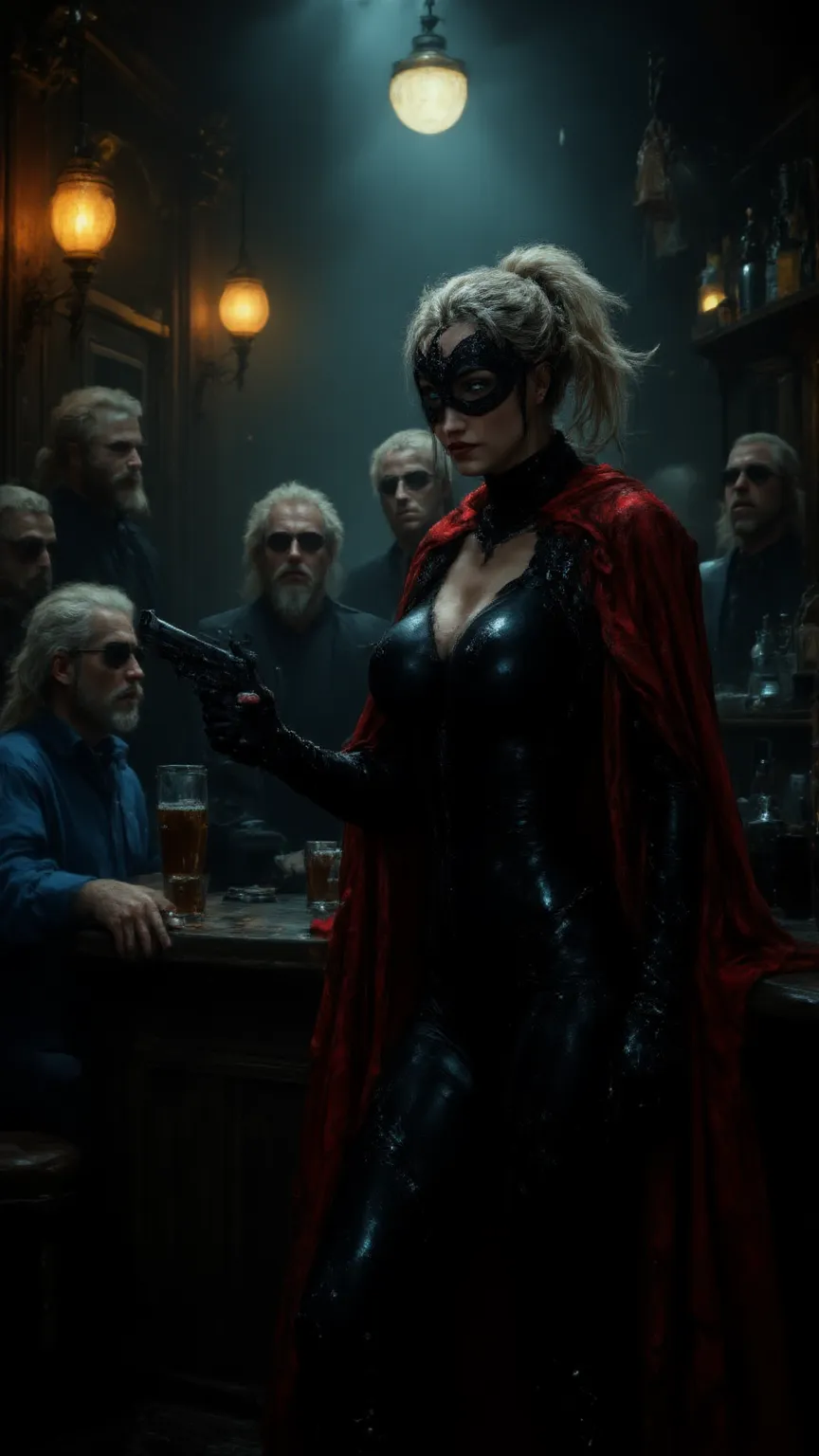 masterpiece, hyper-realistic photo of a beautiful woman ((rousse)) et mince aux yeux bleus, dressed in tight black latex jumpsuit, d'un casque type Catwoman sur a tête et d'un longue cape rouge, (((dancing on the counter of a creepy bar))) avec deux pistolets dans les mains, devant ((5 unshaven men with long white hair in a ponytail)) and dressed in black suits and sunglasses looking at her, While the bartender, dressed in a blue shirt and faded jeans, est en train d'essuyer un verre, looked amused by the scene, dans une ambiance de film noir du type Hitchcock avec un éclairage tamisé, Remote view to see all the subjects, award-winning hyper-realistic photo