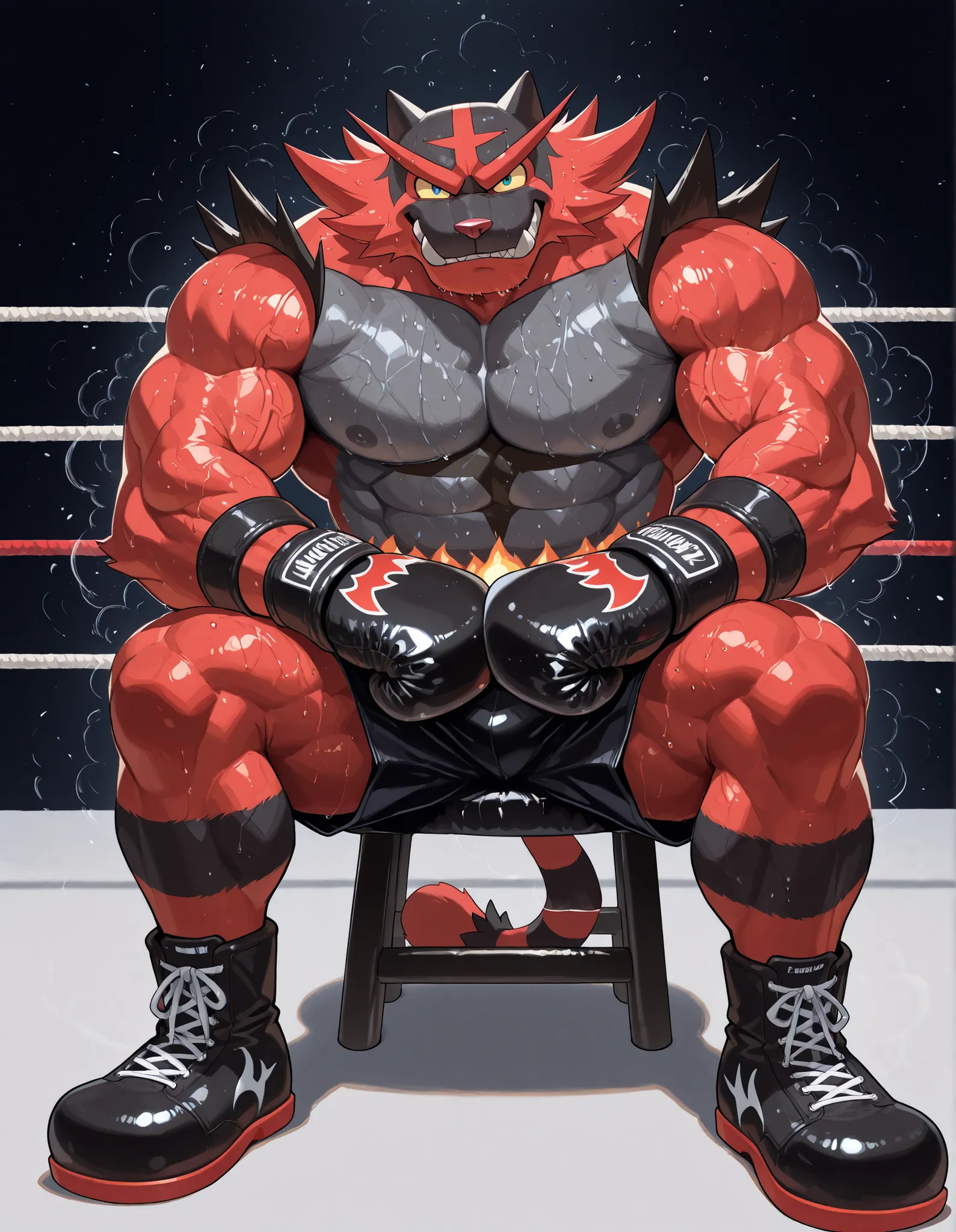 Incineroar, anthro male, high quality, full body, looking at viewer, solo, boxing ring background, black boxing gloves, thick very veiny arms, very muscular, black boxing shorts, black boxing shoes, heavyweight boxing champion, glistening fur, sweaty, brut...