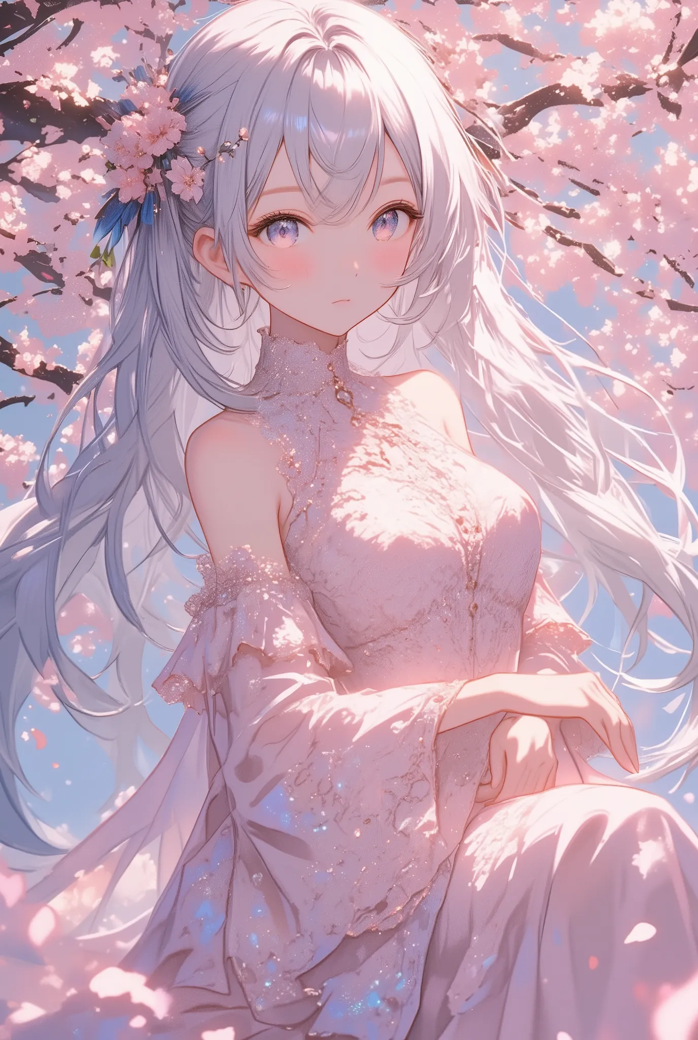 beauty, Live Expression,  Soft Expression , Shiny and silky, Platinum Long Hair, enchanting eyes, Hourglass Shape, Mr.々 iridescent effects , Detailed Light Pink Dress, High Neck Lace Dress,  wide sleeve, Cherry Blossom Petals, Cherry Blossom,  gentle color...