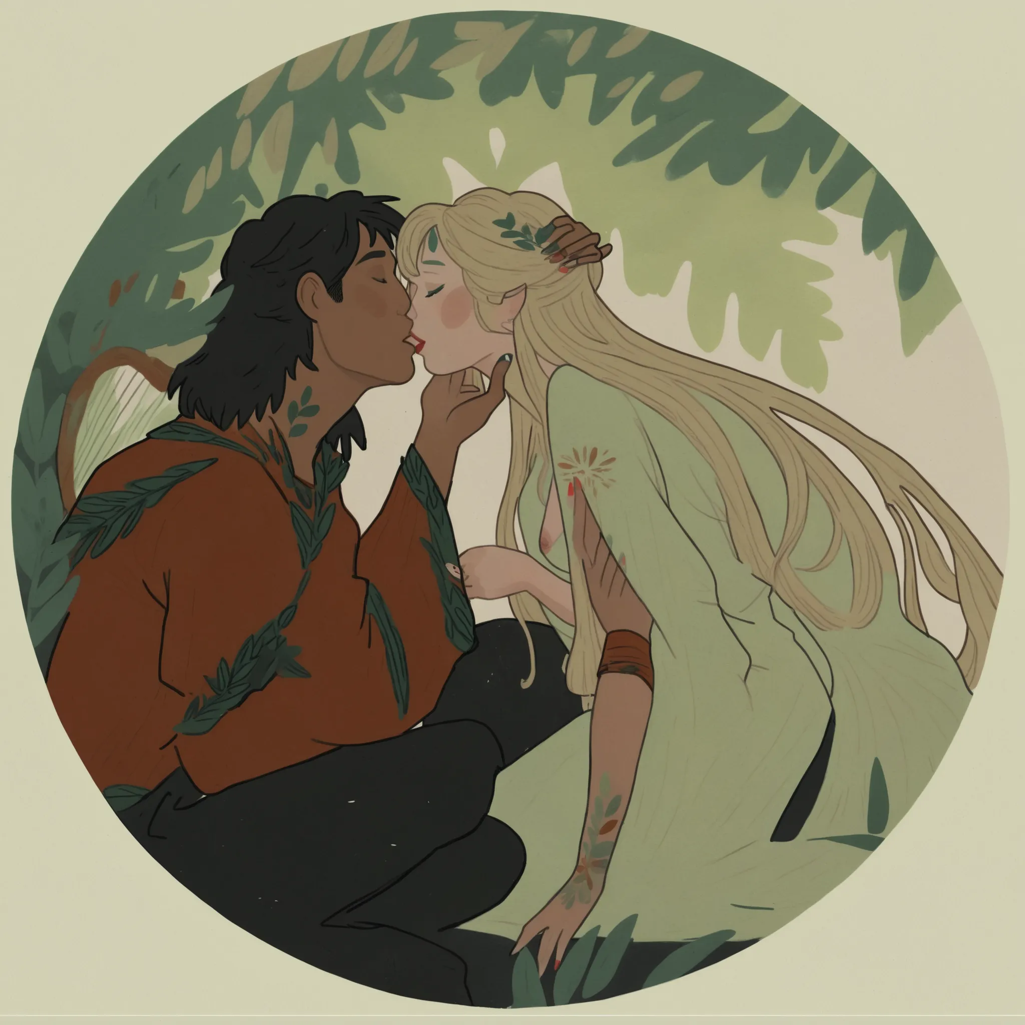 1boy, 1girl, kissing, 2d art, flat colors, detailed faces, gouache texture, half body portrait, gouache painting, vibrant colors, thick gouache render, novuschroma57 style cartoon, in gougoupaintleaves, FRESHIDEAS Illustration No. 12, Illustration No. 8