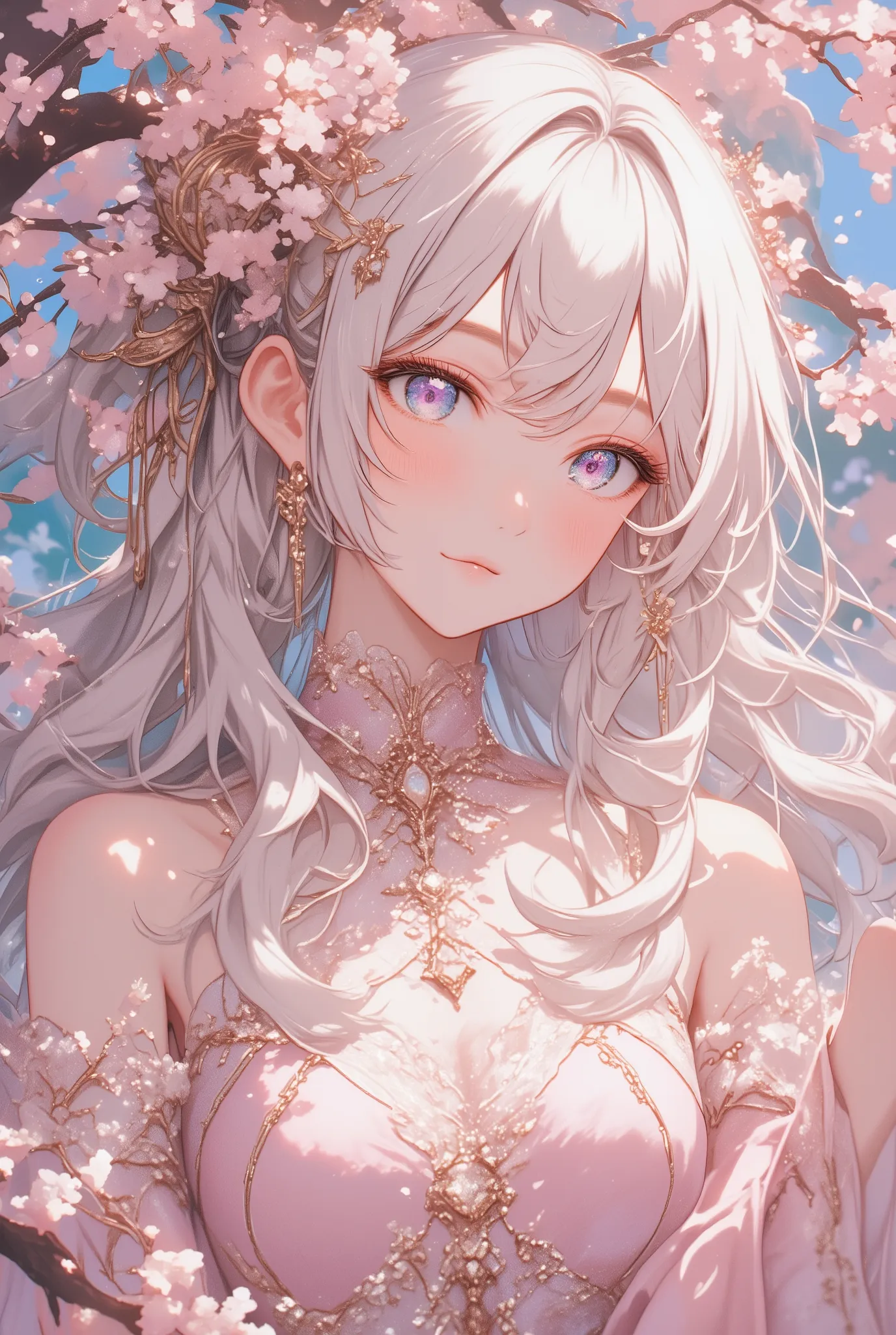 beauty, Live Expression,  Soft Expression , Shiny and silky, Platinum Long Hair, enchanting eyes, Hourglass Shape, Mr.々 iridescent effects , Detailed Light Pink Dress, High Neck Lace Dress,  wide sleeve, Cherry Blossom Petals, Cherry Blossom,  gentle color...