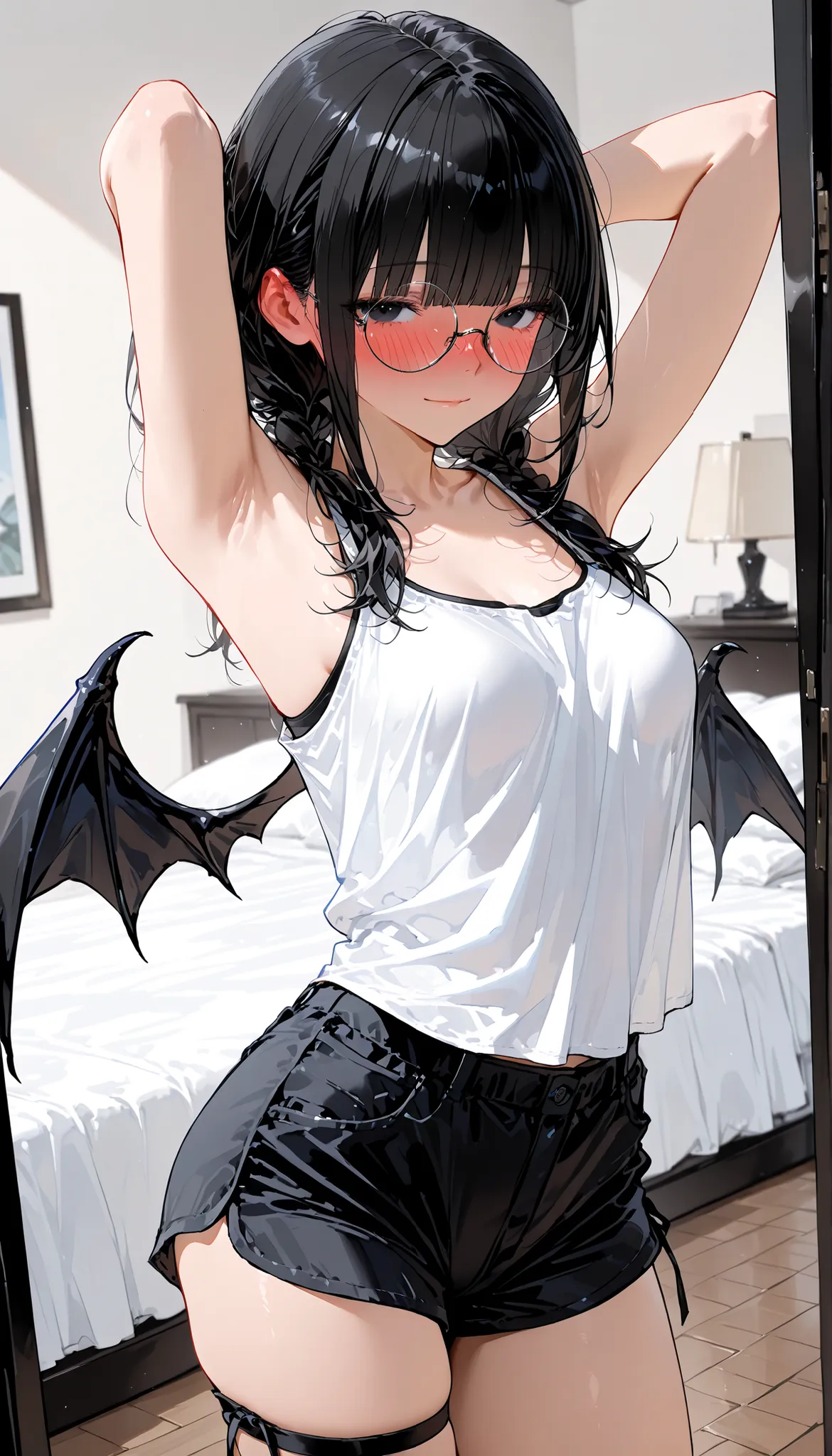top quality, masterpiece, ultra-precise, ((top quality, masterpiece:1.3)), (sharp focus:1.2), (A beautiful, mature woman with a perfect body, seductive), (black eyes), (선명한 눈매), (round glasses), (shorts hair with natural black curls, bangs), (mini Demon wi...