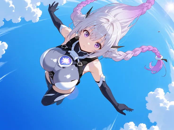 Criptic girl,masterpiece, best quality, amazing quality, very aesthetic, absurdres, sensitive, (dynamic Dutch angle shot:1.5),lends flare,highly detailed cyber body  suits, Extreme large Breast, long gradient purple twin braid hair ,(Skydiving scene:1.2), ...