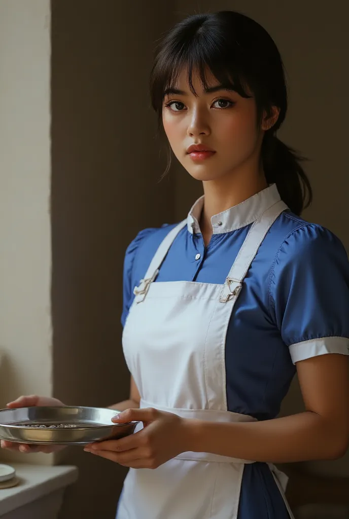 ((Highest Quality、masterpiece、high sensitivity、high definition、detailed depiction、depicting a delicate face、Ｆvalue：6.0),((Slender Woman、wearing glasses)),blue maid clothes、apron mini skirt、high socks、Hold a trench、