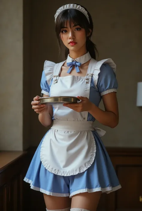 ((Highest Quality、masterpiece、high sensitivity、high definition、detailed depiction、depicting a delicate face、Ｆvalue：6.0),((Slender Woman、wearing glasses)),blue maid clothes、apron mini skirt、high socks、Hold a trench、