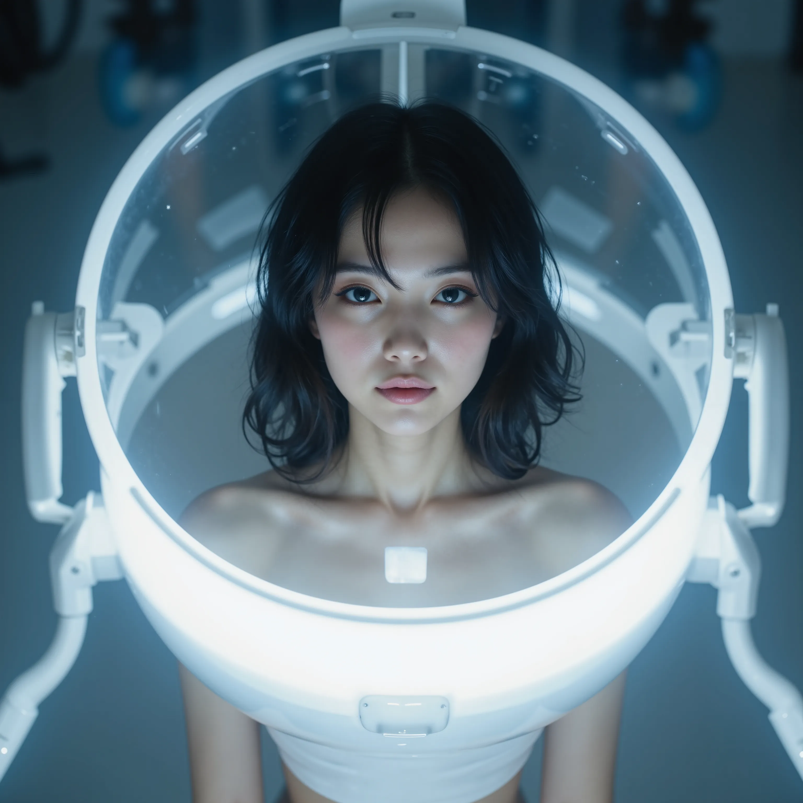 Masterpiece photo of a serene, futuristic portrait of a young Japanese woman suspended in a transparent pod, illuminated by soft, white ambient lighting that accentuates her peaceful expression. Her slightly curly black hair is gently managed. Her extremel...