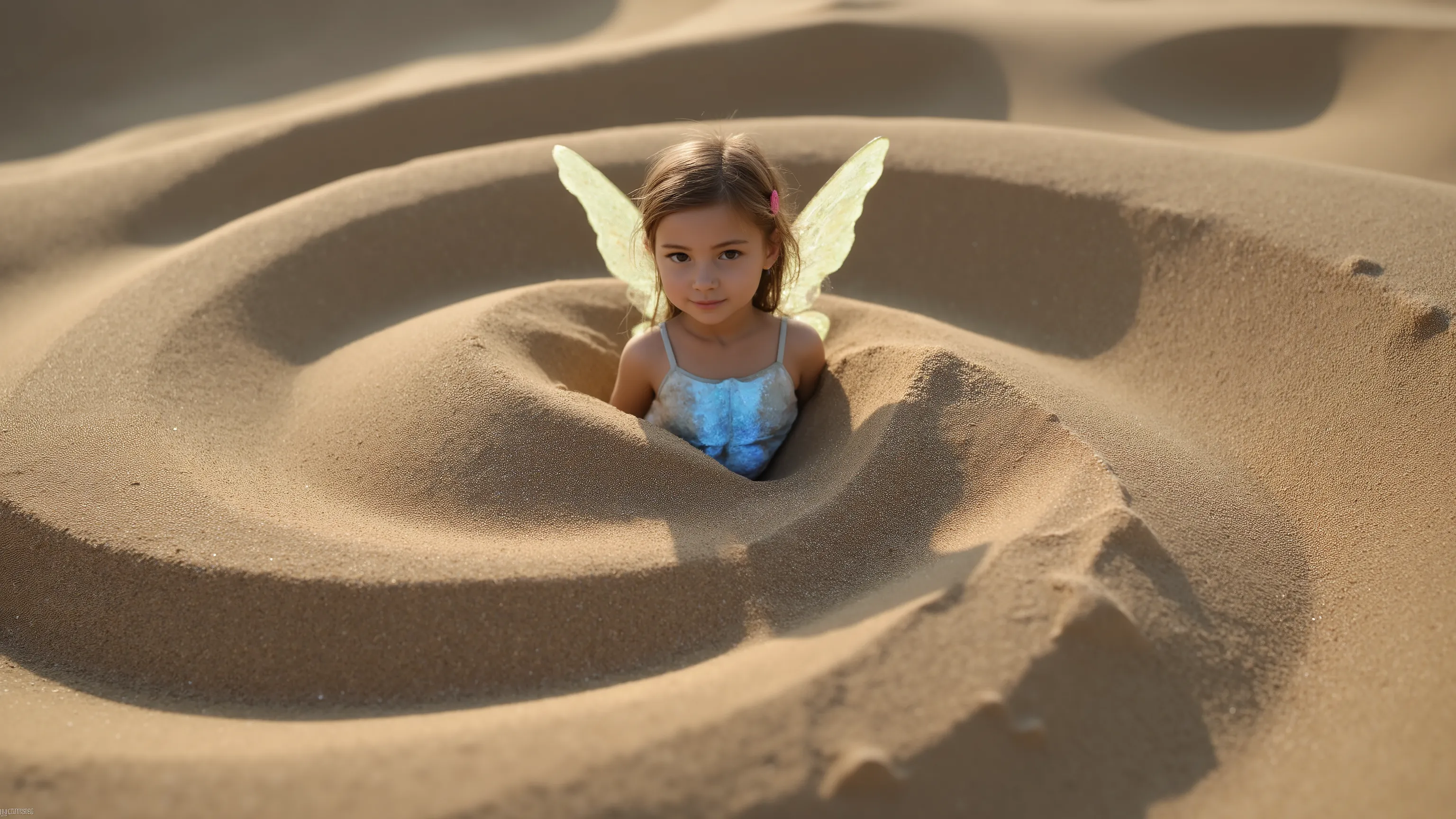 A beautiful fairy in a Kinetic Sand Temporal Flux style, where the passage of time is captured in the fluidity of sculpted sand. Fleeting shapes are illuminated by hints of blue and yellow, with a delicate interplay of light and shadow emphasising life’s t...