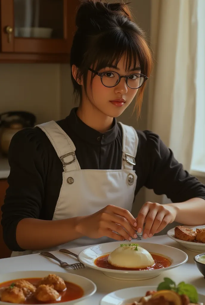 ((Highest Quality、masterpiece、high sensitivity、high definition、detailed depiction、depicting a delicate face、Ｆvalue：6.0),((Slender Woman、wearing glasses)),maid clothes、 apron skirt 、high socks、Arrange meals on the table、