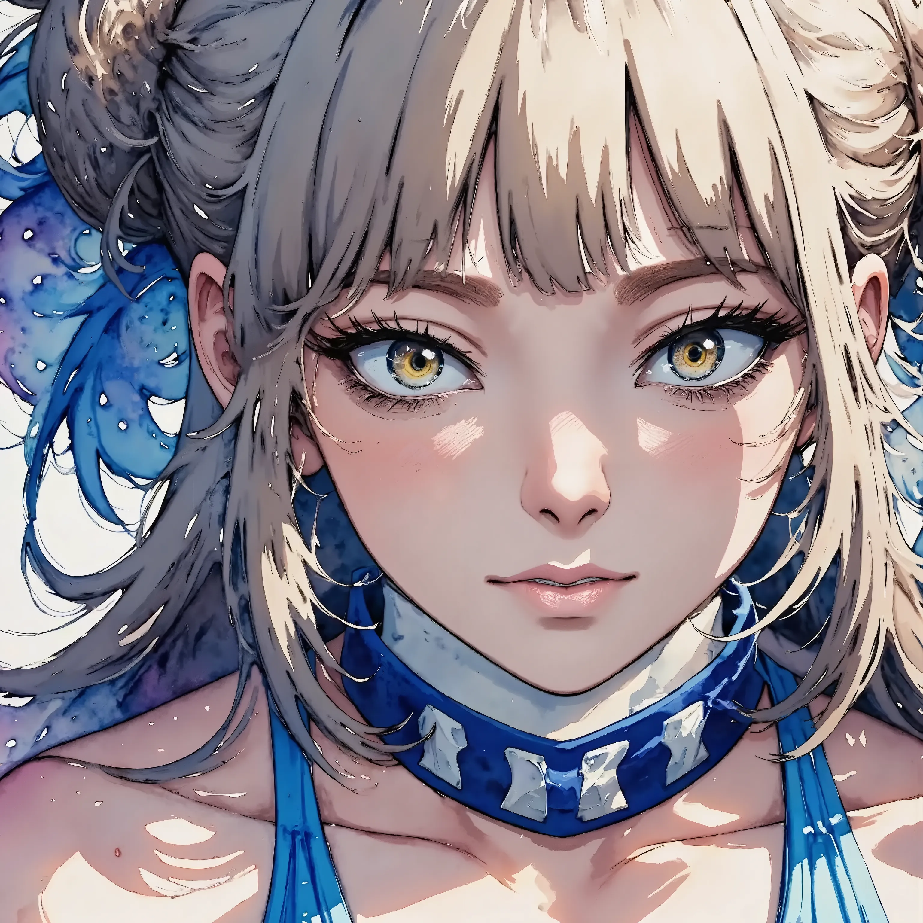 himikotoga1x is in her villainuniform and She leans against the wall  ,(portrait, extreme close-up shot : 1.2),(watercolor style, extreme close-up shot :1.2),(1980’s anime style), a shadowy look,illustration