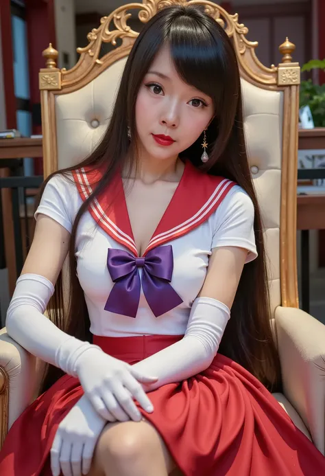 ( masterpiece, best quality, is very beautiful, ultra-fine), fine details, 4K, aa mars, long hair, brunette, headdress, earrings, Red necklace, red sailor collar, Purple bow tie,  white shirt, elbow gloves, white gloves, pleated skirt, red dress, Bare Legs...