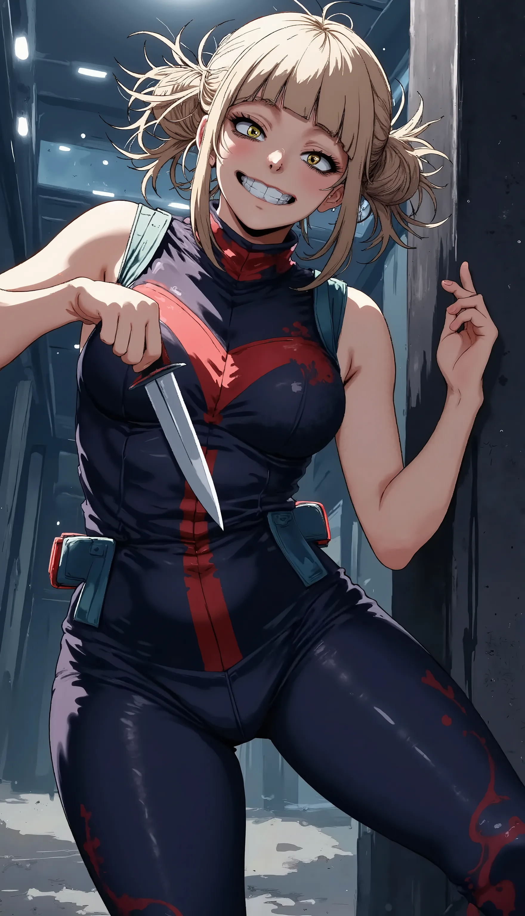 himikotoga1x is in her villainuniform and mask. She leans against the wall holding a knife 