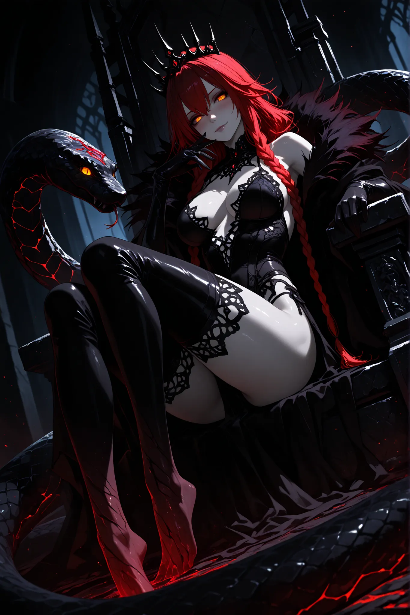Pale blush skin, Dark queen witch, milf, pale skin, (hair in giant braids), red hair, Voluminous bangs, Glowing golden eyes, Evil smile, villainess, seducing, temptress , medium , (Sexy body), ((Sexy black lingerie with iron embellishments), (Detailed Curs...