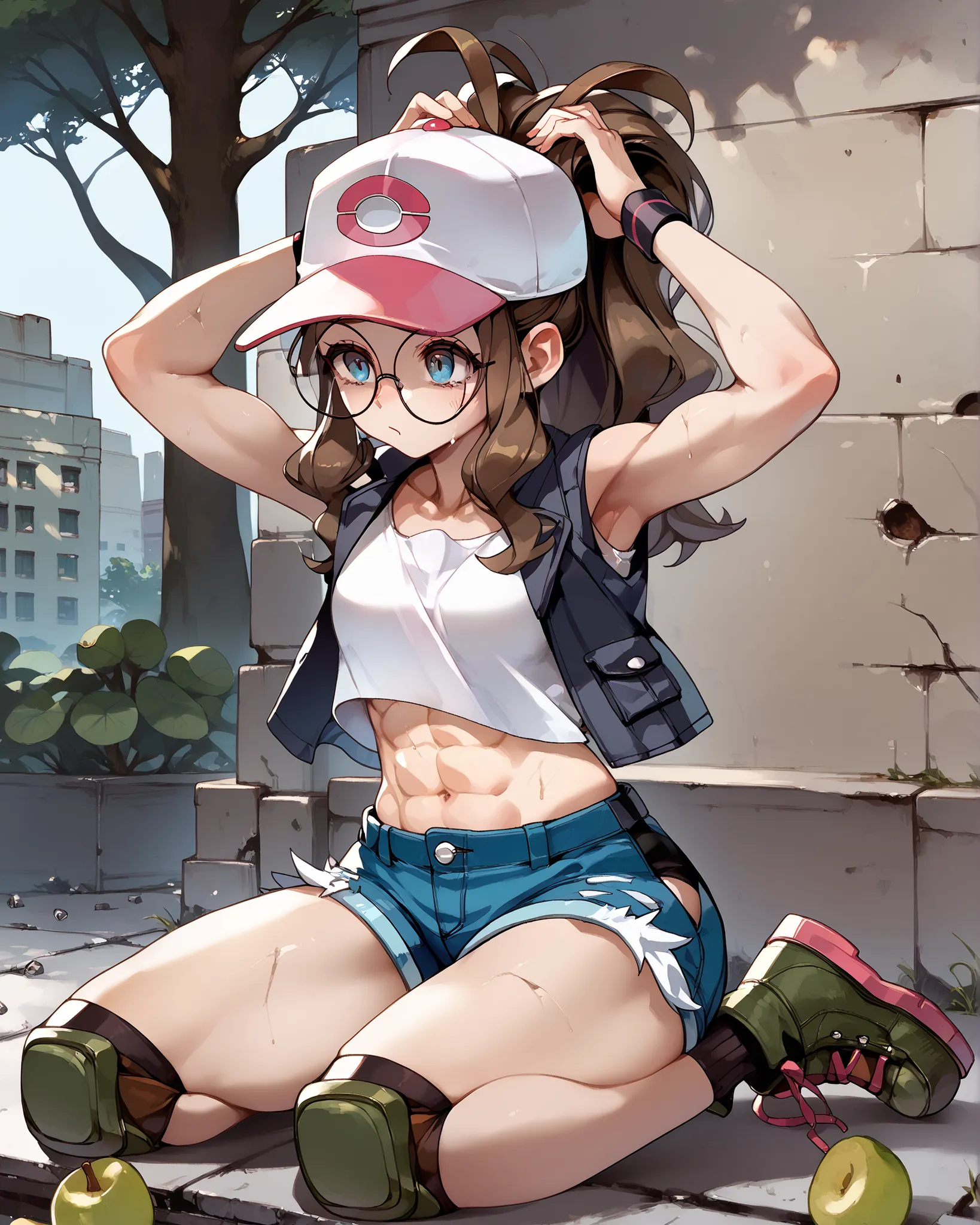 score_9, score_8_up, score_7_up, source_anime, UHD, BREAK, fio germi, pokemonhilda, BREAK, curly sidelock, round glasses, round eyewear, baseball cap, ponytail, blunt bangs, BREAK, urban park background, overgrown weeds, concrete sidewalk, BREAK, pear body...