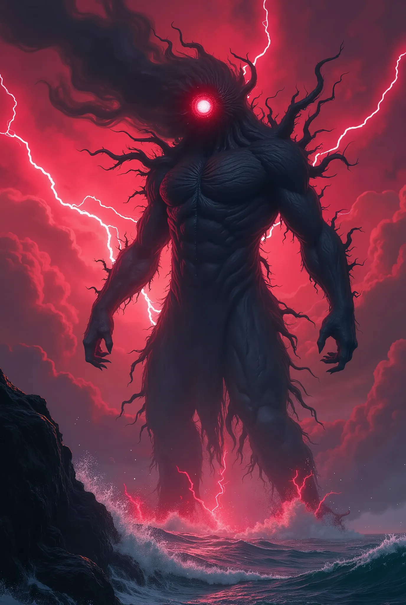 A monstrous entity towers over a shattered stormy ocean cliff under a torn crimson sky. It stands two to three times taller than a human, its body composed of swirling black mist laced with veins of glowing red energy. A single enormous red eye burns fierc...