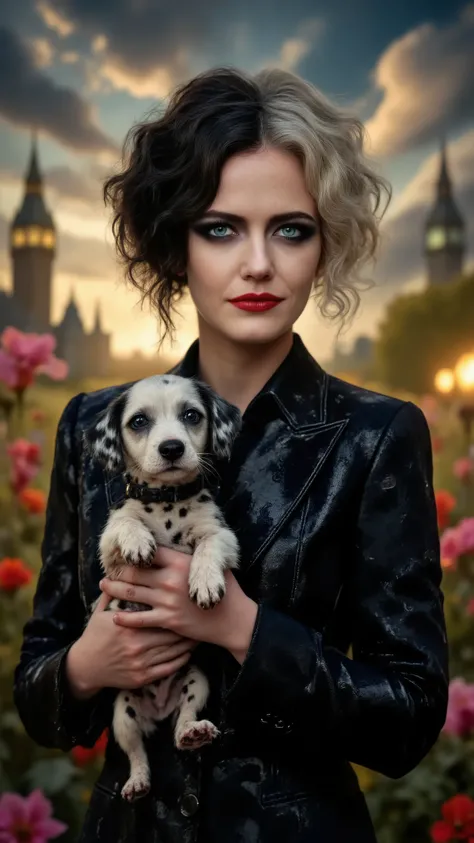 Cruella de Vil, With a cute little black and white Dalmatian puppy in her arms, resplendent in a vibrant, patterned suit with sharp shoulders and a nipped-in waist, her black and white hair styled in wispy, expressive strands framing large, luminous eyes t...