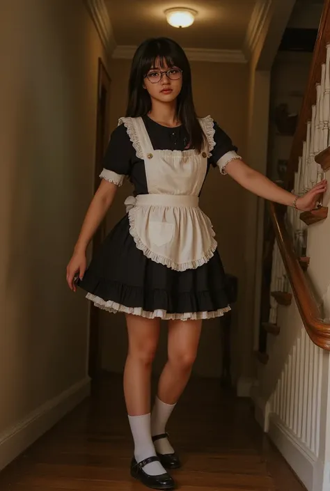 ((Highest Quality、masterpiece、high sensitivity、high definition、detailed depiction、depicting a delicate face、Ｆvalue：6.0),((Slender Woman、wearing glasses)),maid clothes、 apron skirt 、high socks、Clean the stairs in the mansion、