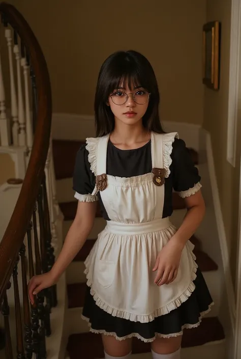 ((Highest Quality、masterpiece、high sensitivity、high definition、detailed depiction、depicting a delicate face、Ｆvalue：6.0),((Slender Woman、wearing glasses)),maid clothes、 apron skirt 、high socks、Clean the stairs in the mansion、