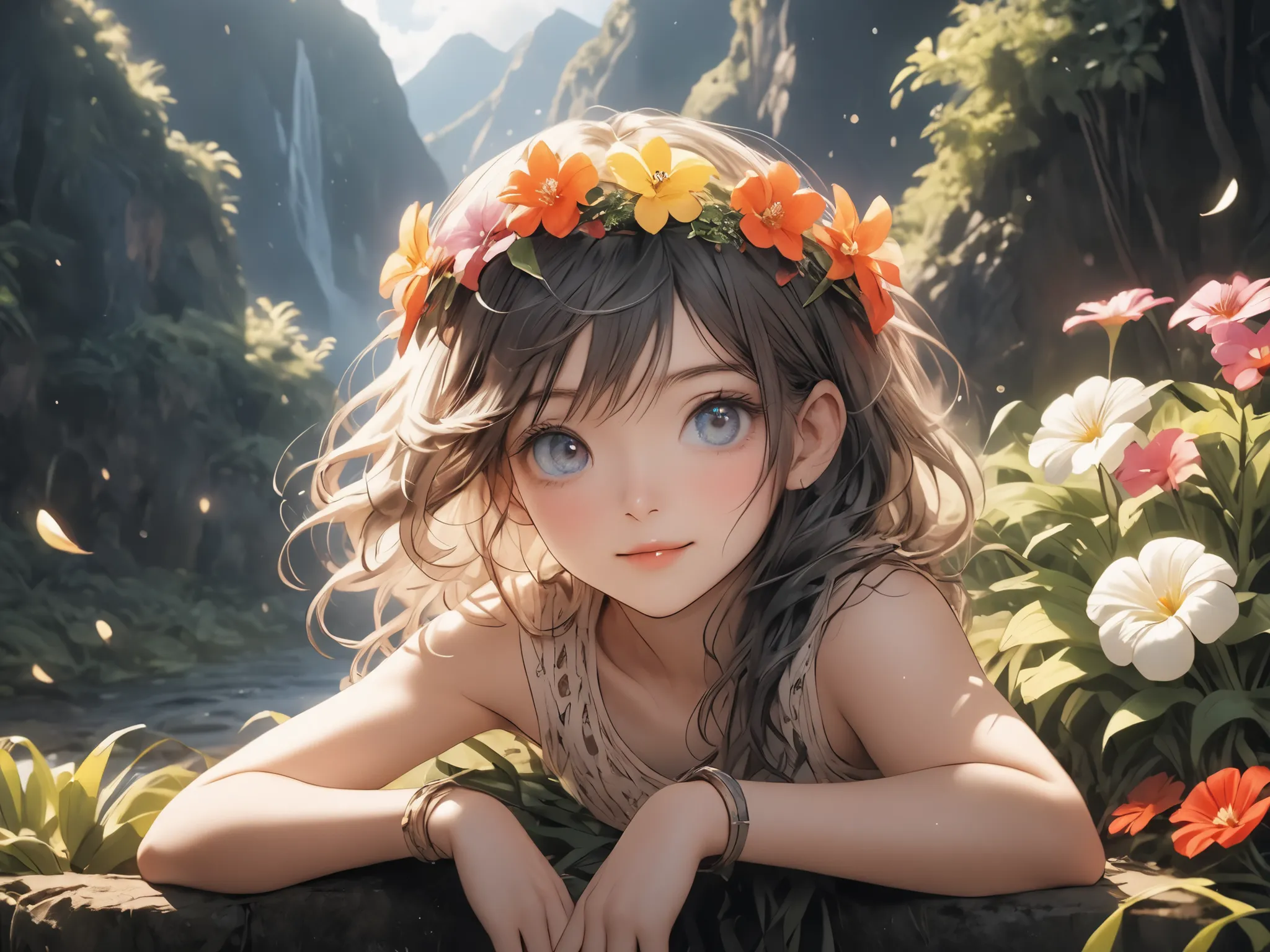 ((Masterpiece)), ((best quality, very aesthetic, absurdres, newest)), (from below), (8K), (cinematic lighting), ((1girl)), (cute young girl), (Healthy body, Textured skin, small breast, tilt head), Cat ears, Glossy unruly hair, (medium hair, platinum-gold...