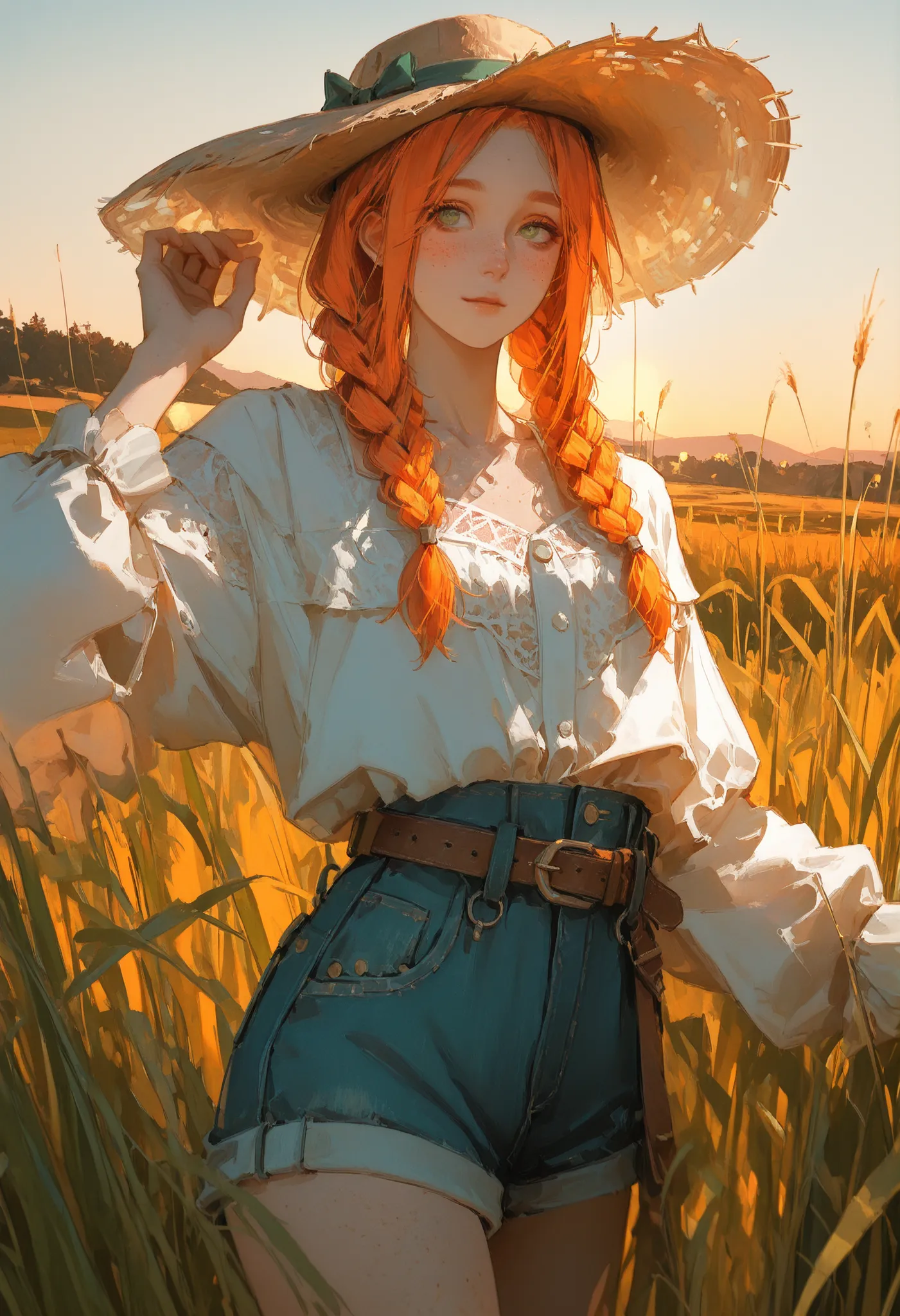 A youthful red-orange–haired girl (orange_reddish), hair braided into two pigtails, vibrant green eyes, light freckles across her cheeks, full of life and energy, standing in a sunlit outdoor meadow at golden hour. She wears a casually chic outfit: a light...