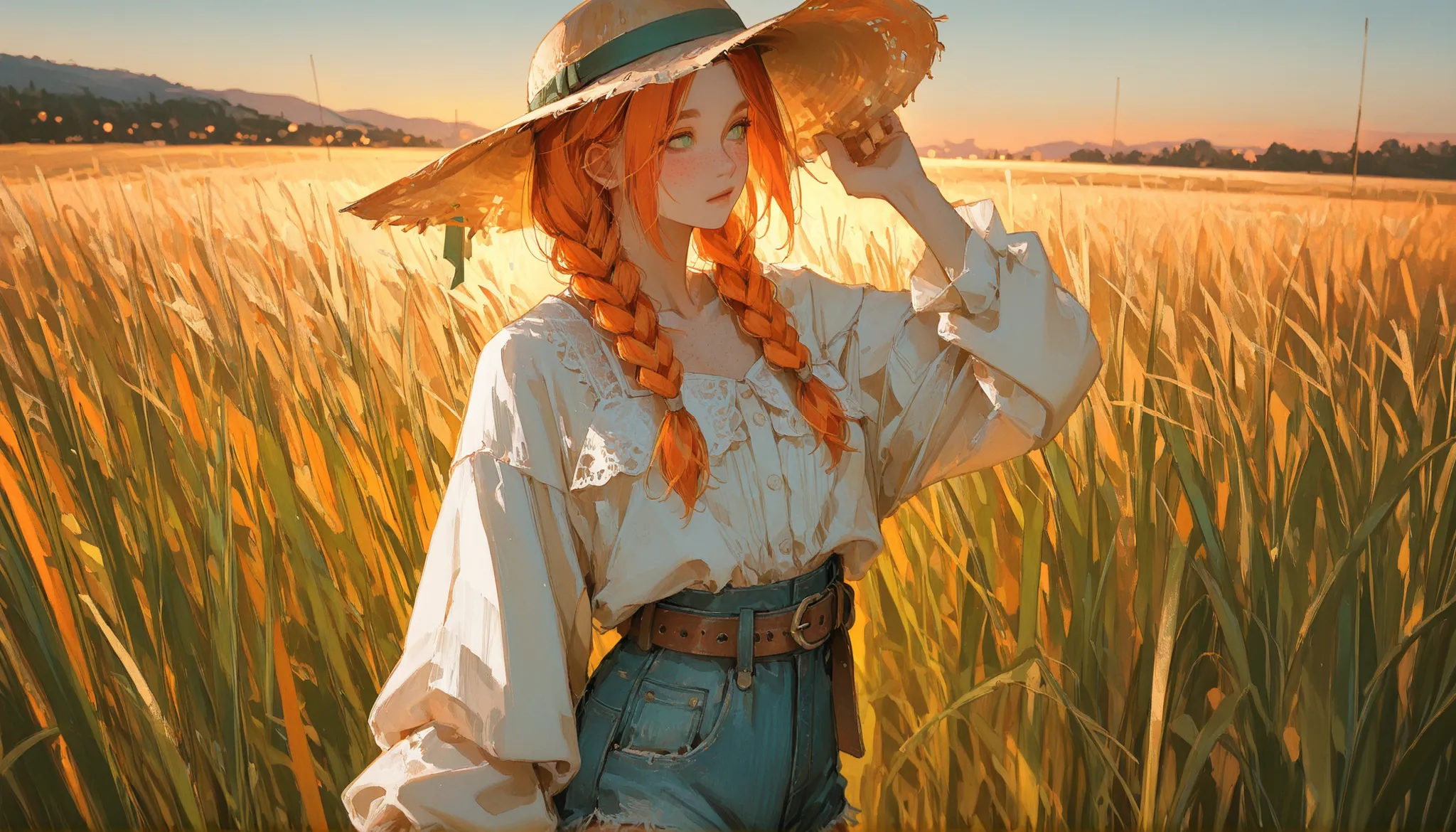 A youthful red-orange–haired girl (orange_reddish), hair braided into two pigtails, vibrant green eyes, light freckles across her cheeks, full of life and energy, standing in a sunlit outdoor meadow at golden hour. She wears a casually chic outfit: a light...