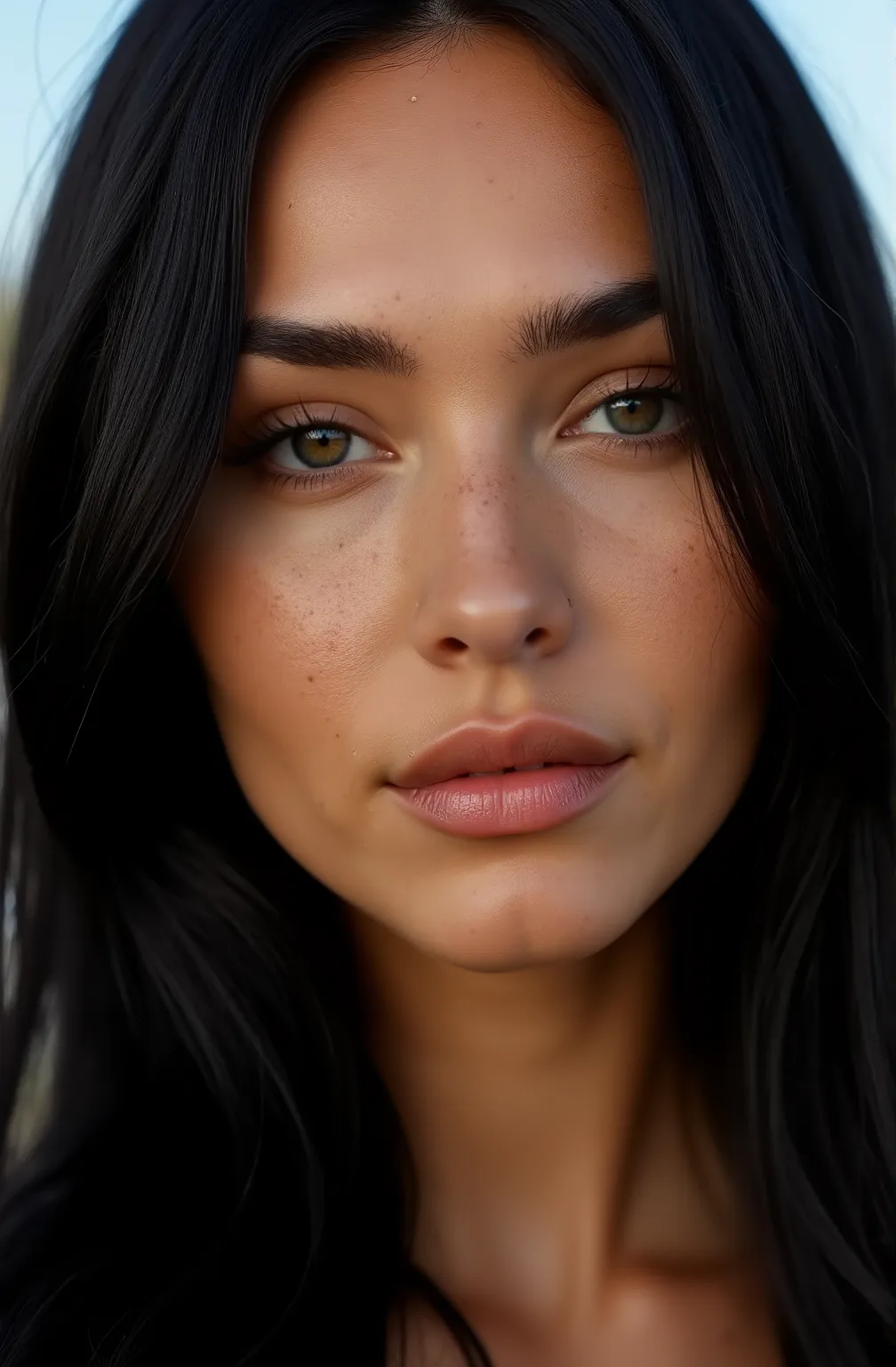 best quality , beautiful , 23-year-old woman , long black hair , eyes black , portrait of a face , round nose  ,  detailed face with freckles  , hyperrealistic ,  portrait studio  , natural light , perfect shadows , landscape background