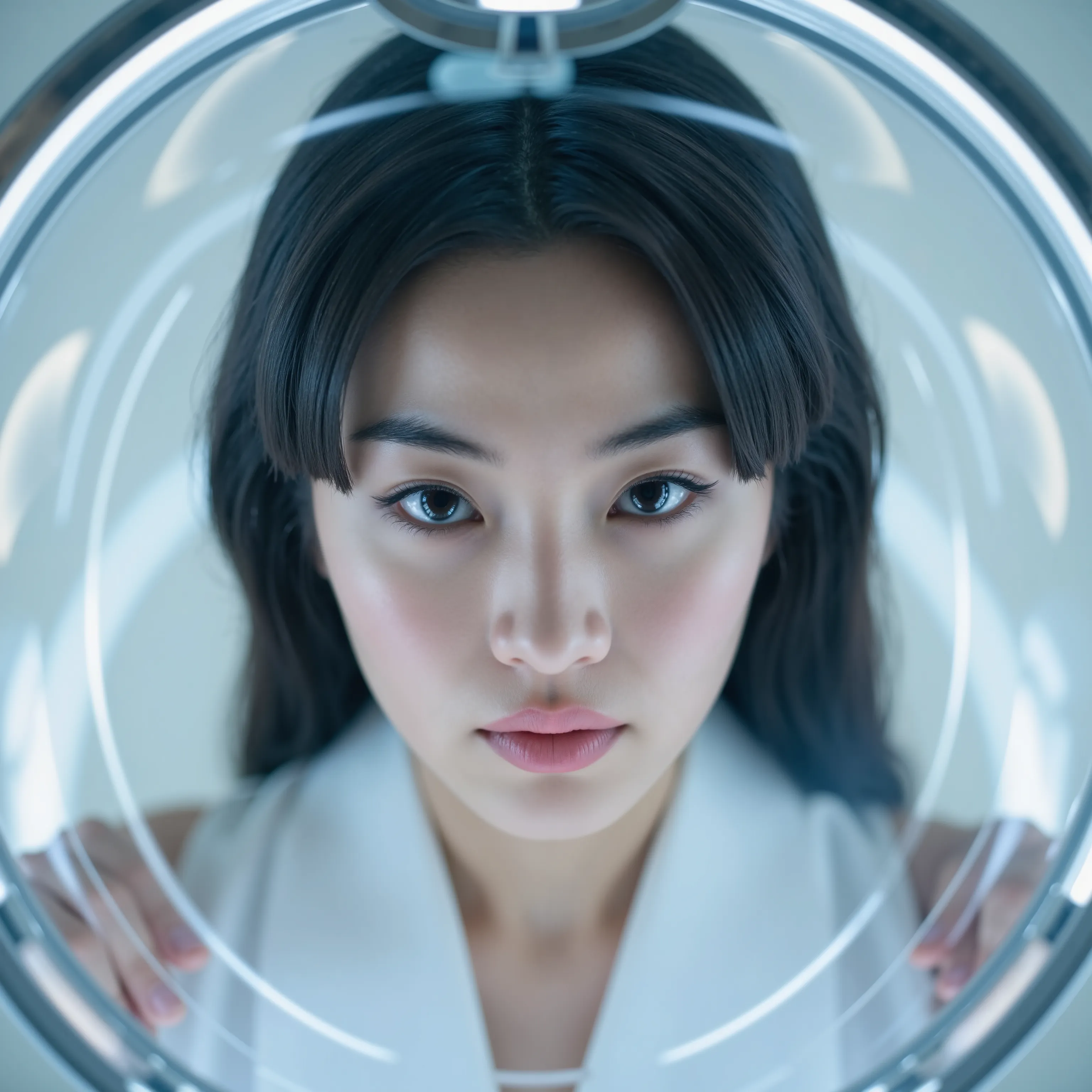 Masterpiece photo of a serene, futuristic close up portrait of a young Japanese woman suspended in a transparent pod, illuminated by white ambient lighting that accentuates her peaceful expression. Her slightly curly black hair is gently managed. Her extre...