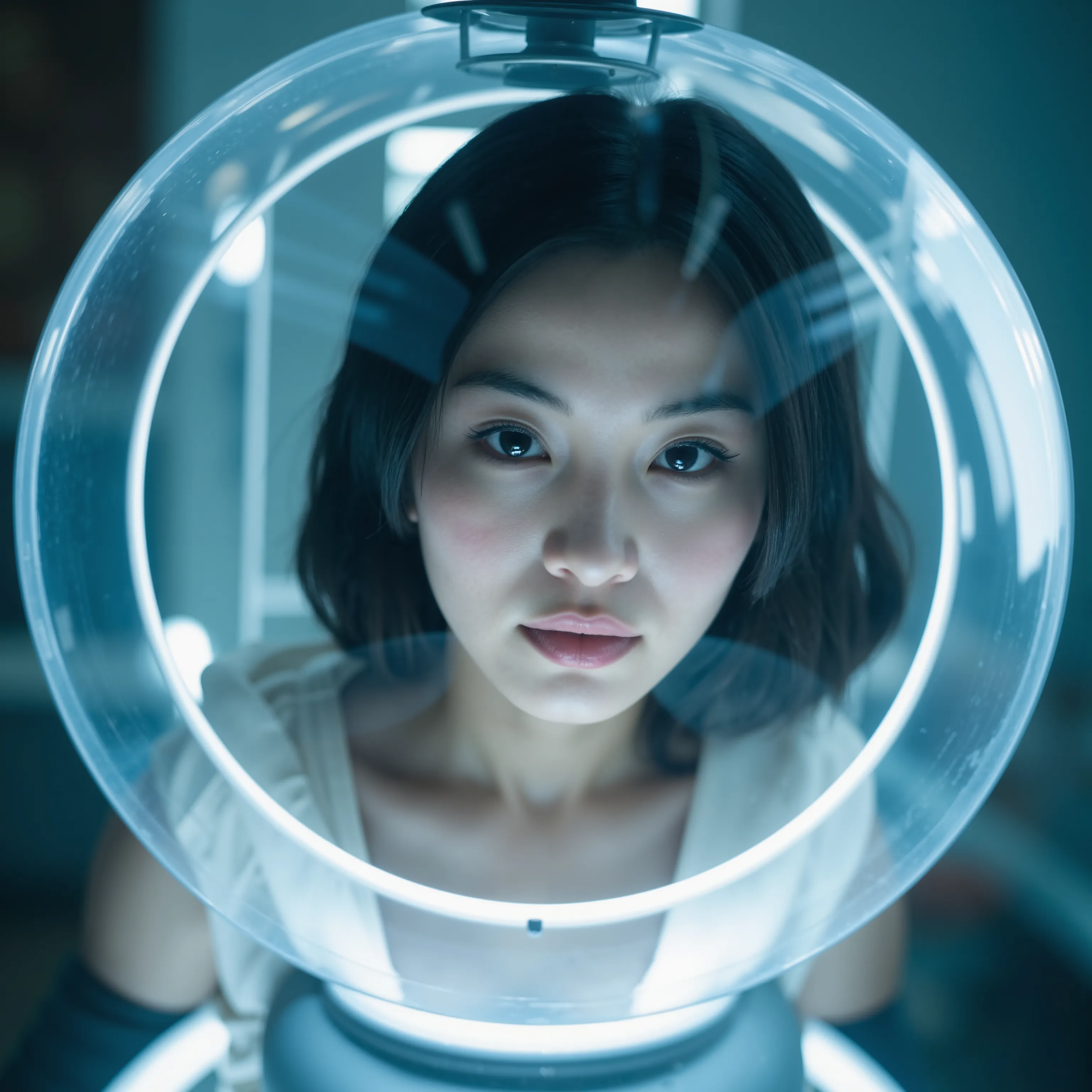 Masterpiece photo of a serene, futuristic close up portrait of a young Japanese woman suspended in a transparent pod, illuminated by white ambient lighting that accentuates her peaceful expression. Her slightly curly black hair is gently managed. Her extre...