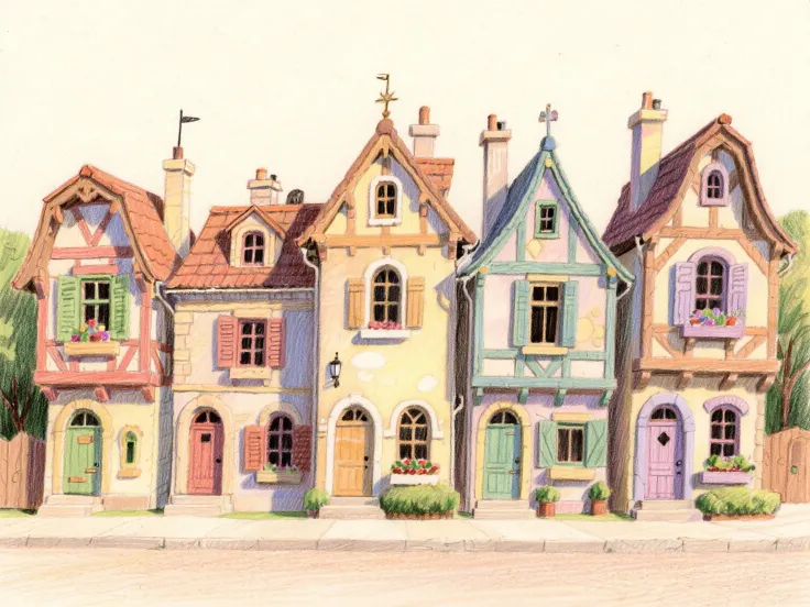 pencil drawing, the image should be frontal and contain five quaint Disney-style European homes when warm, full daylight, bright colors, high detail