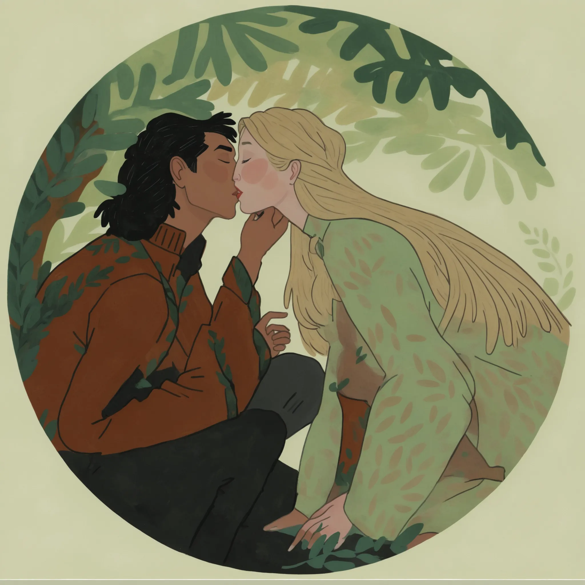 1boy, 1girl, kissing, 2d art, flat colors, detailed faces, gouache texture, half body portrait, gouache painting, vibrant colors, thick gouache render, novuschroma57 style cartoon, in gougoupaintleaves, FRESHIDEAS Illustration No. 12, Illustration No. 8
