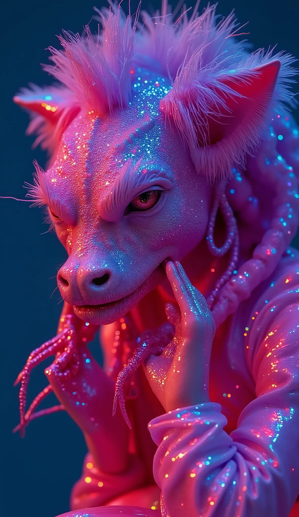 Strange and sinister African human albinos, with exotic predatory animals, friendly caress the beasts. hyperrealistic artist, inst ax, playful performance art, atmospheric installations, iconic fashion, colorful costumes, Supercolor Intense, solar punk. Co...