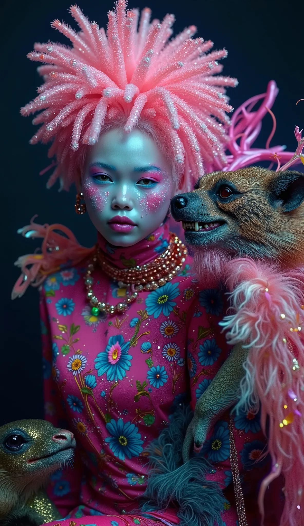 Strange and sinister African human albinos, with exotic predatory animals, friendly caress the beasts. hyperrealistic artist, inst ax, playful performance art, atmospheric installations, iconic fashion, colorful costumes, Supercolor Intense, solar punk. Co...