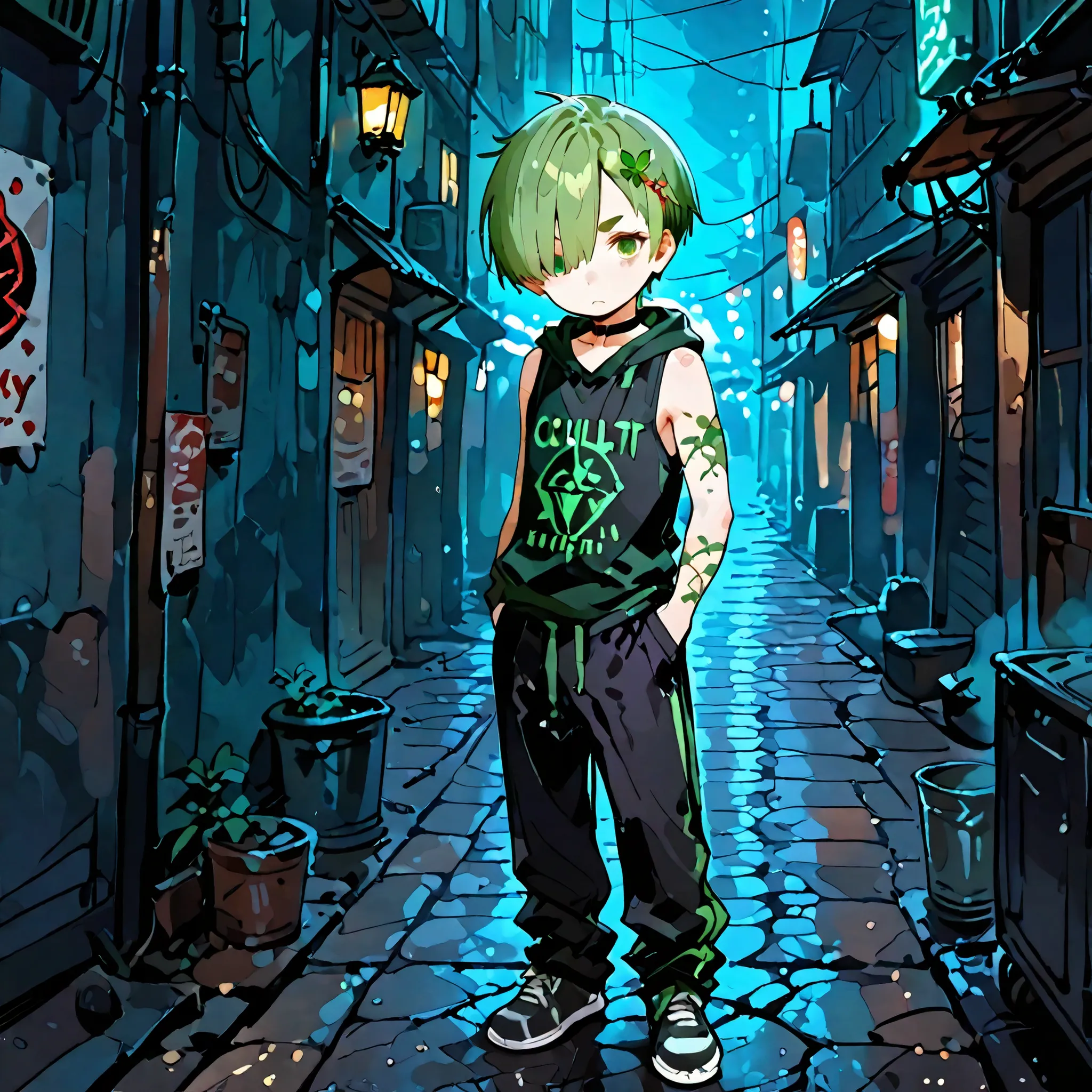 (boy), green ivy hair ornament, green eyes, short cut,  side part , stupid hair, Hair on one eye, fine eyebrows,  young, no expression, alone, short, Shota, solo, big green big tattoo with magic leaf on arm,  slim, Tank Top, Half Pants, choker, Dark Fantas...