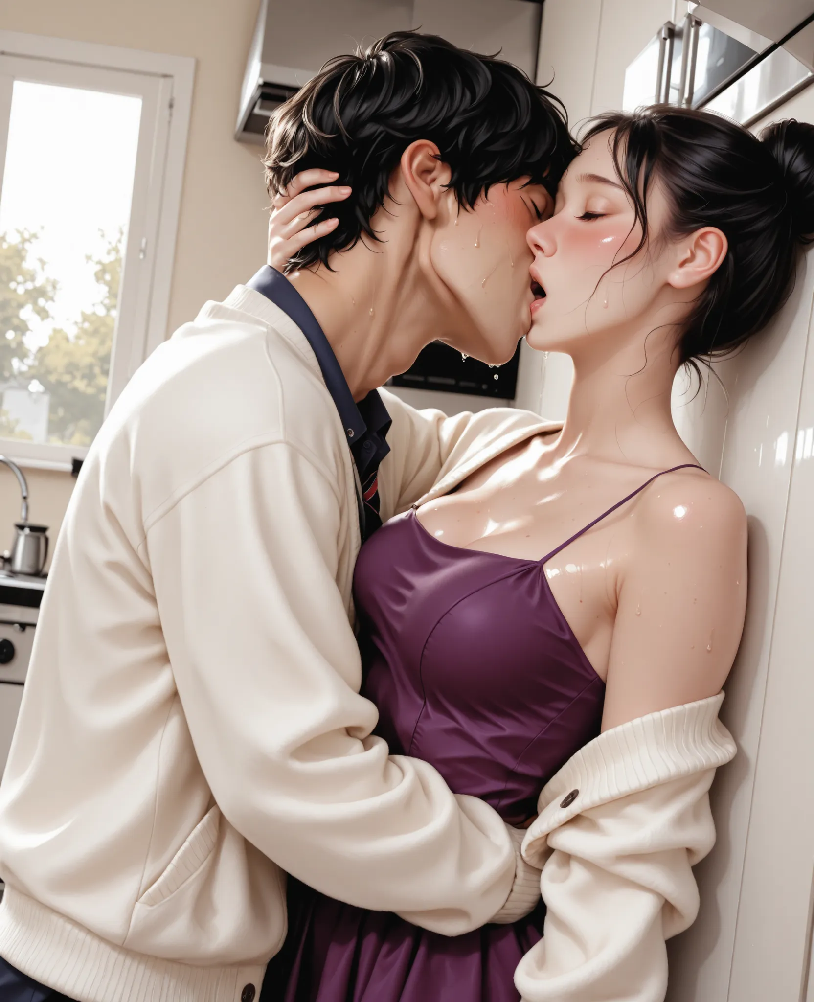 score_9, score_8_up, score_7_up, 1woman, solo, hair, closed eyes, white milky porcelain skin, white-skinned female, black hair in a bun, lovely medium breasts, short, thick, perfect body, purple dress, white cardigan, messy clothes, exposed shoulder, sweat...