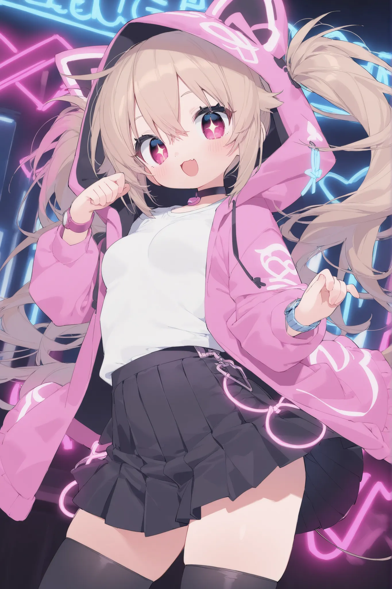 best quality、Highest Quality、8k、Highly detailed CG、dynamic angle、cowboy shot、Neon Light Sparkling Cyber Nightclub、Illuminated sign in the back、standing、Watch here、Beautiful Girls,1 cute girl、 cute pose with both hands 、Naughty hip swing dance、 random leg p...