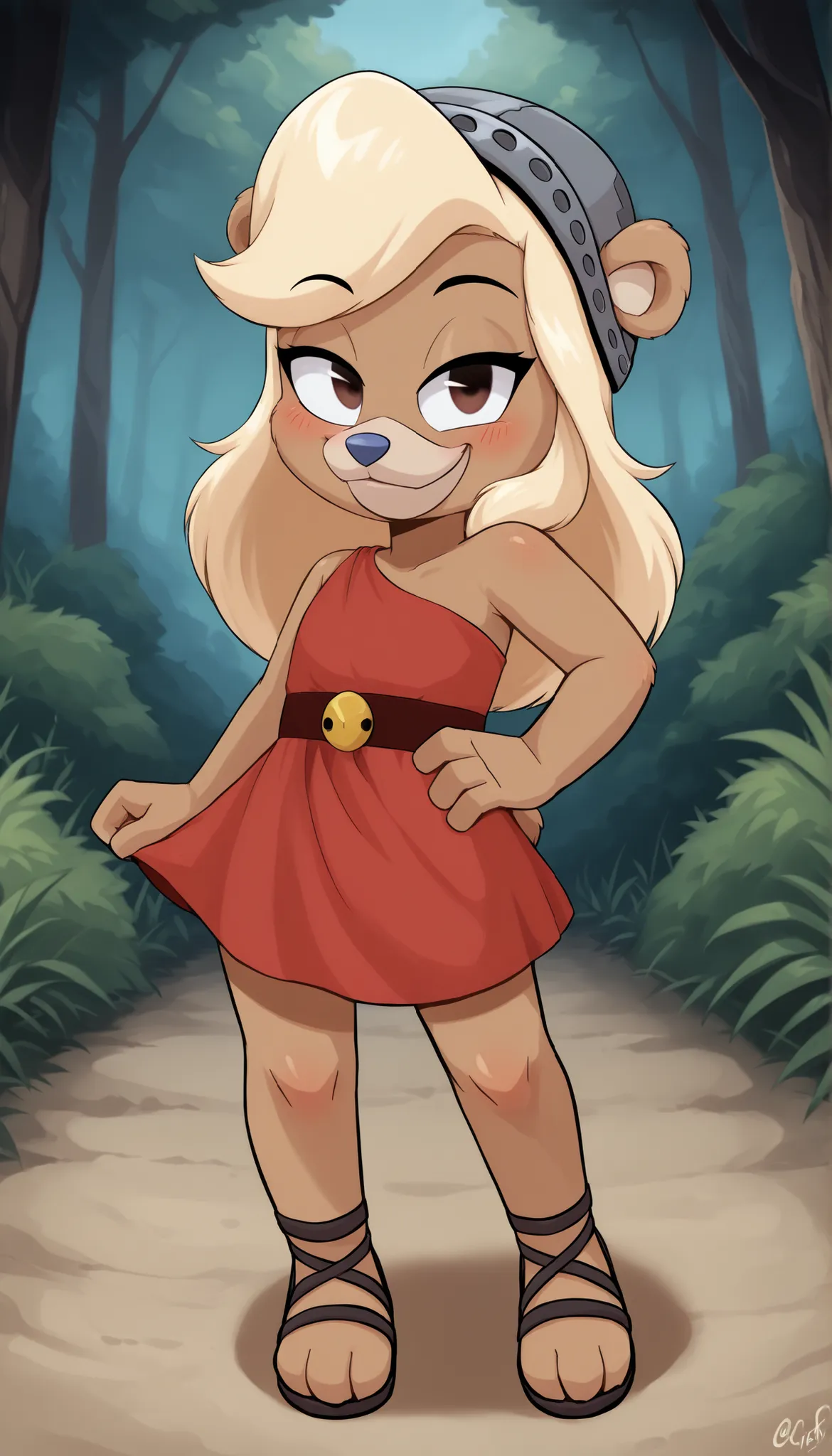 score_9, score_8_up, score_7_up, (masterpiece, best quality, very aesthetic, absurdres, source furry, artist:sakura, shaded,) 1girl, bear, furry female, Ursa Barbic, young, brown eyes, looking at viewer, smile, blush, blonde hair, messy bangs, long hair, b...