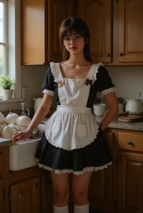 ((Highest Quality、masterpiece、high sensitivity、high definition、detailed depiction、depicting a delicate face、Ｆvalue：6.0),((Slender Woman、wearing glasses)),maid clothes、 apron skirt 、high socks、The kitchen sink is a large amount of dishes after meals、After that, tazuke、