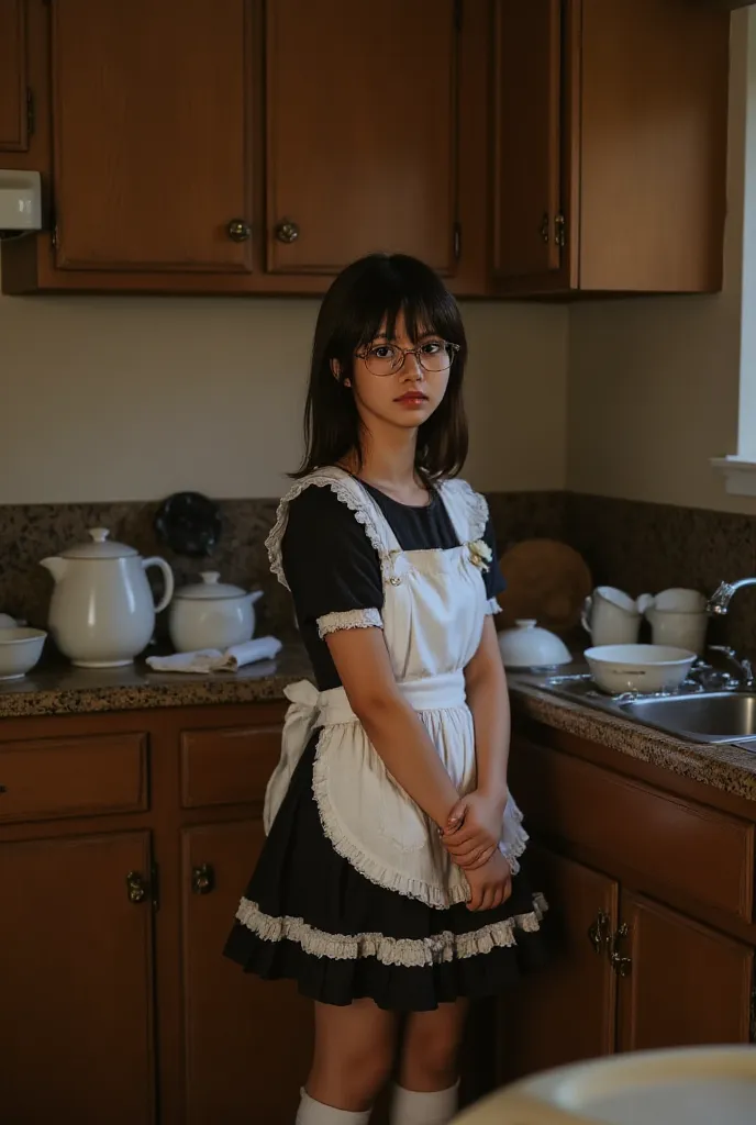 ((Highest Quality、masterpiece、high sensitivity、high definition、detailed depiction、depicting a delicate face、Ｆvalue：6.0),((Slender Woman、wearing glasses)),maid clothes、 apron skirt 、high socks、The kitchen sink is a large amount of dishes after meals、After that, tazuke、