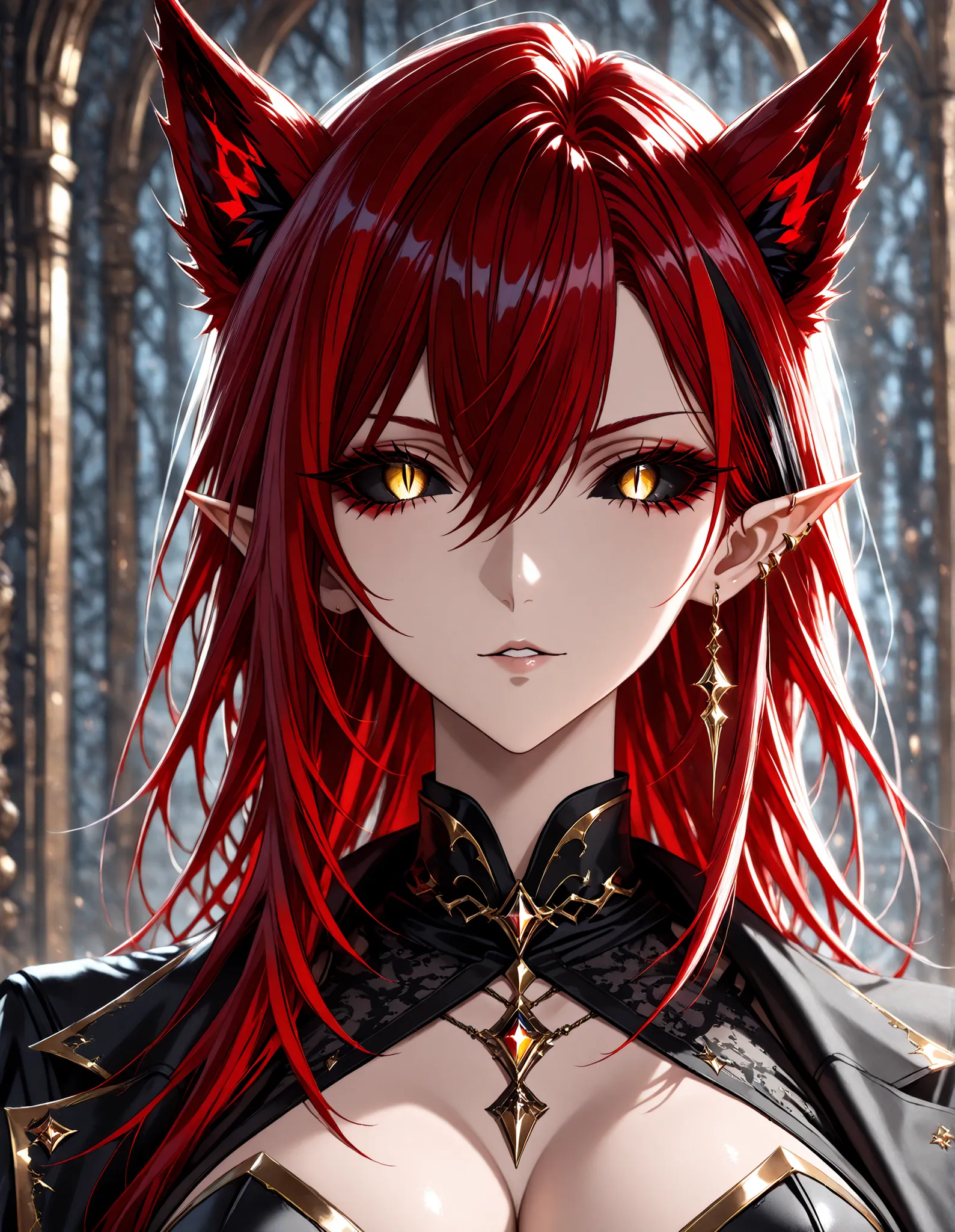 1girl, colored sclera, multicolored hair, solo, animal ears, red hair, cleavage, pointy ears, black sclera, jewelry, golden eyes, fingernails, earrings, streaked hair, looking at viewer, slit pupils, long hair, ear piercing, parted lips