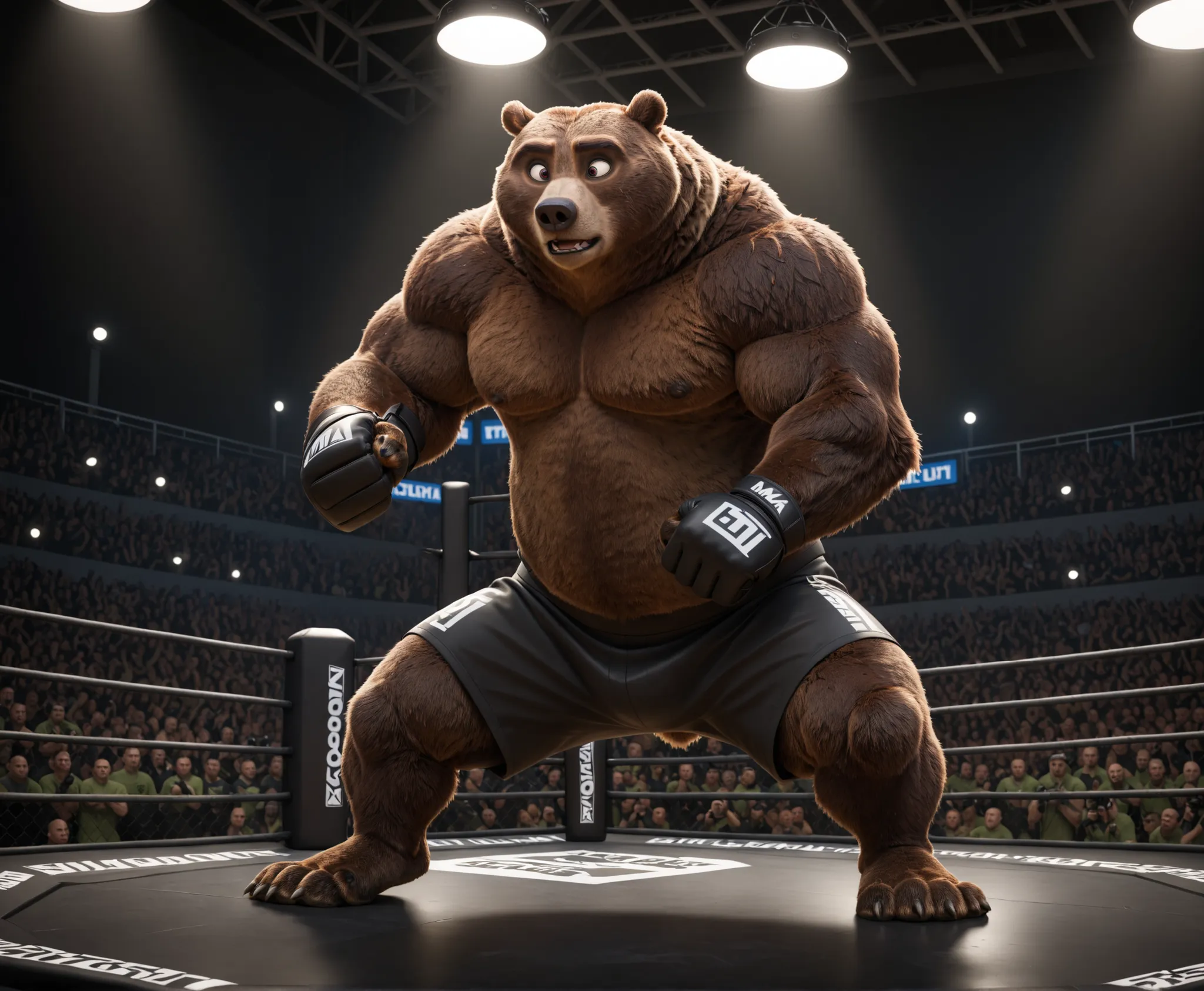 A muscular anthropomorphic bear is positioned within an octagonal cage resembling a mixed martial arts fighting ring. The bear's physique is robust, swole and powerfully built, with pronounced muscles depicted in a rich, brown fur texture. Its stance is a...
