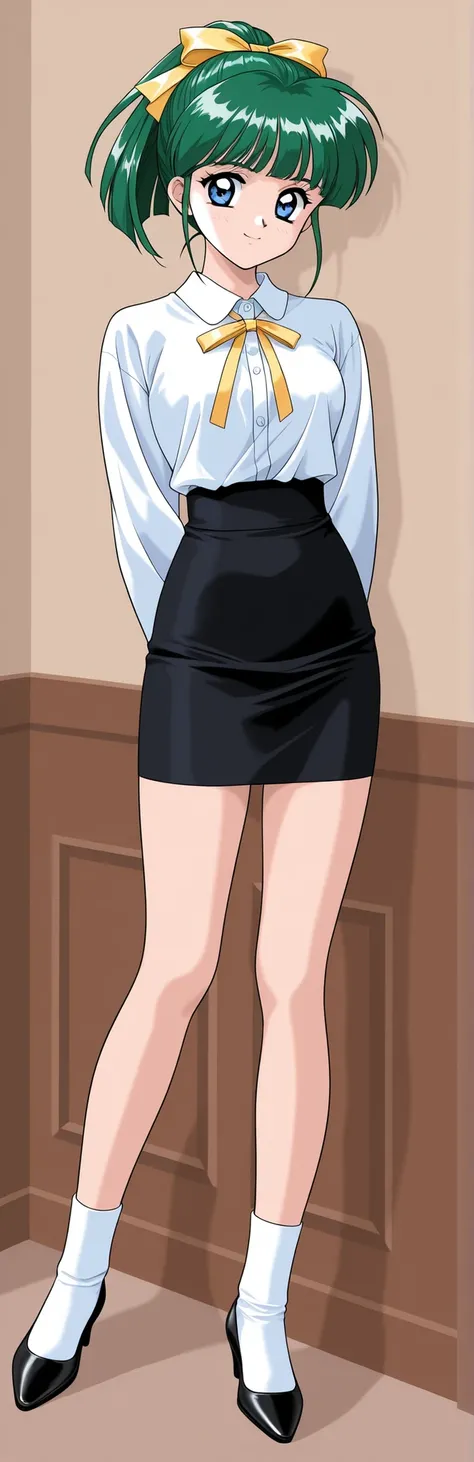 1 girl、solo、green hair,short hair、Ponytail、 blue eyes、hair ribbon、Yellow Bow、Hair Bows、bungs、1990s(style)、角井綾style、全身style、Medium Bust,Bare legs,in plain clothes,white collared blouse,yellow ribbon tie,black pencil skirt,white socks, Black Heel Pumps ,stan...